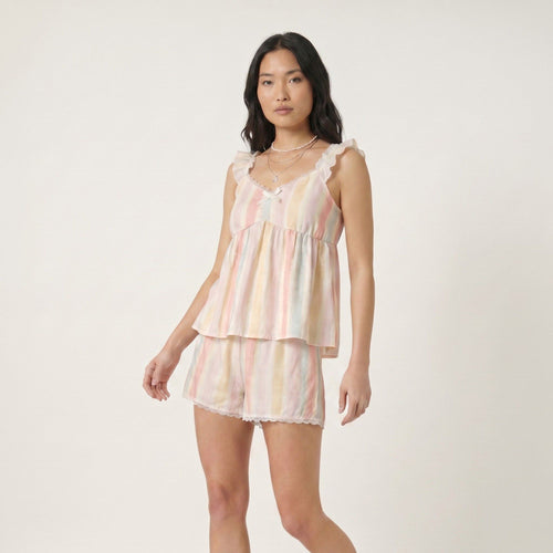 2-Piece Striped Ruffle Strap Cami Top and Shorts Sleepwear Lounge Set with Lace Trim and Relaxed Flowy Fit