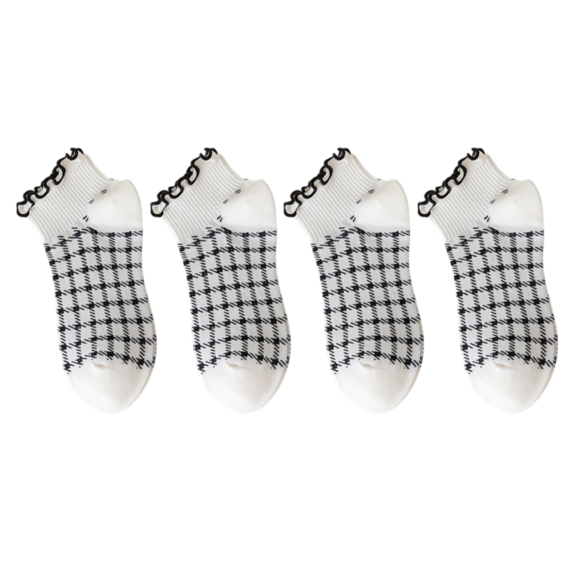 Anna-Kaci 4 Pairs Ankle Socks with Ruffle Trim Cuff Featuring Cherry, Grid, Stripe, and Polka Dot Designs