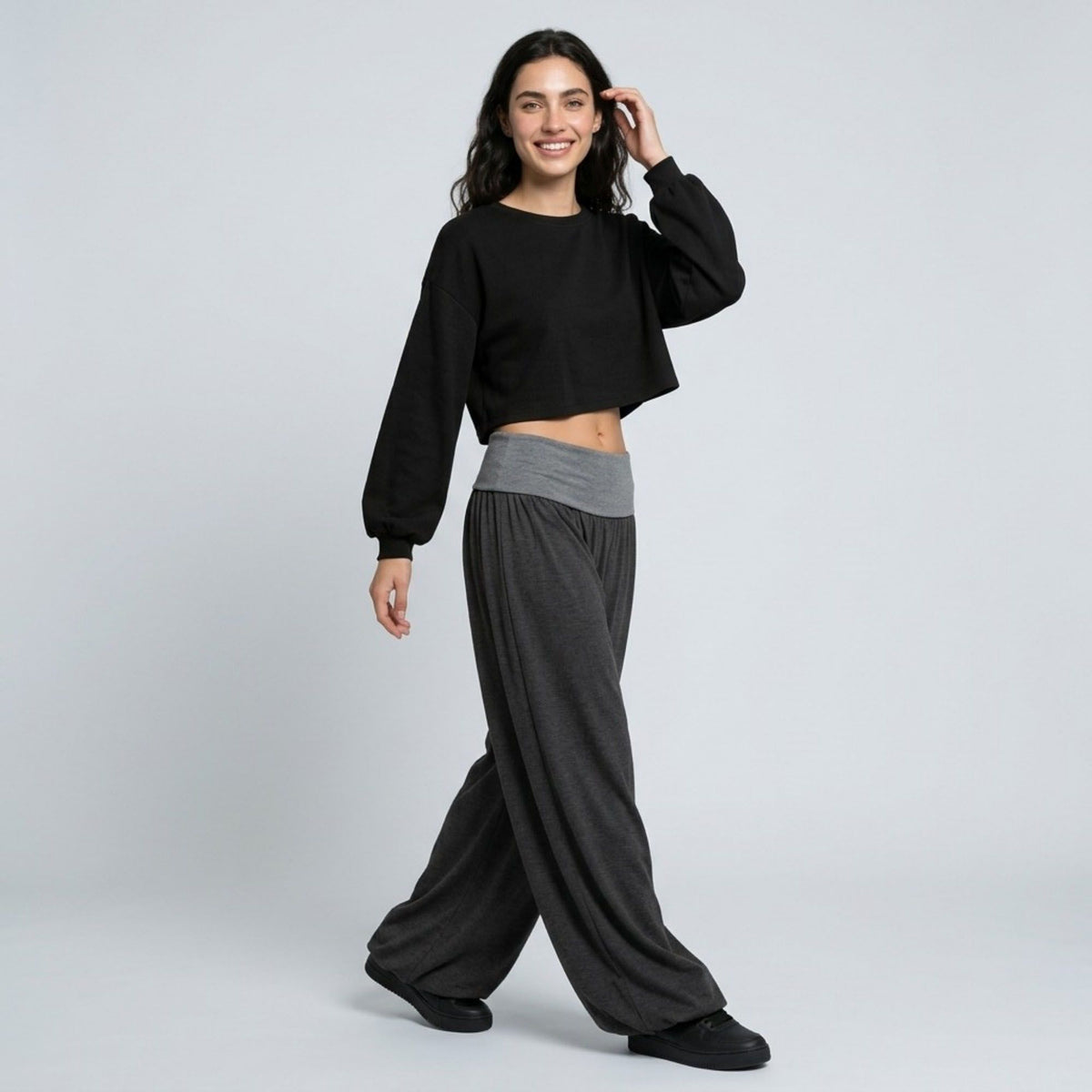 Contrast Foldover Waistband Full-Length Wide-Leg Trousers