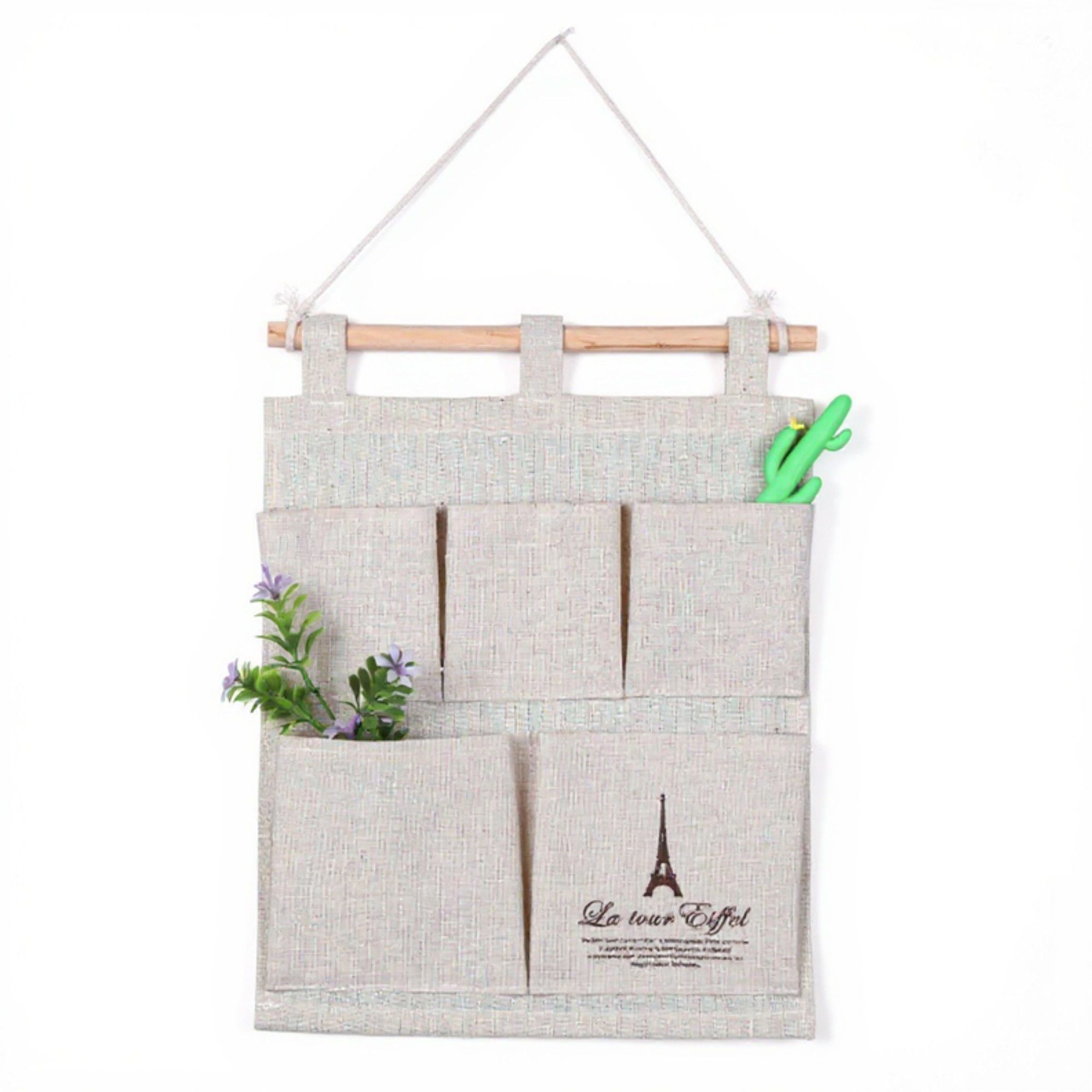 Hanging Wall Organizer with Eiffel Tower Print and Five Canvas Storage Pockets 12.5x9.5 in