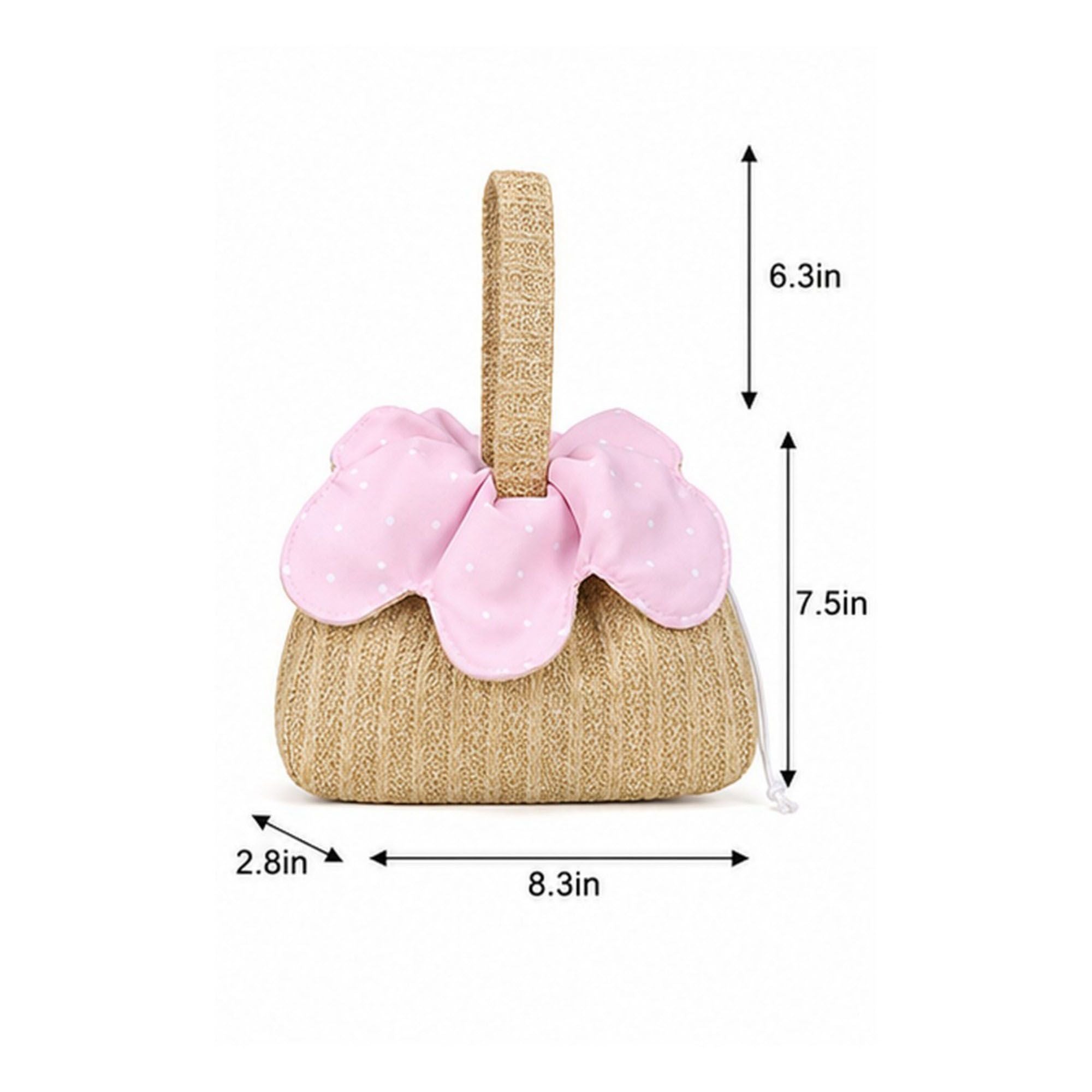 Textured Knit Drawstring Handbag with Floral Petal Trim, Dual Handles and Compact Cosmetic Storage Design