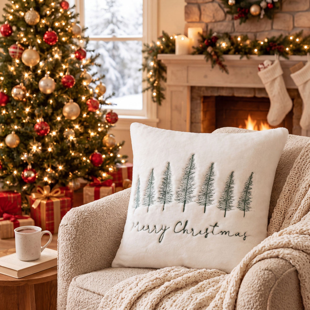 Christmas Tree Embroidered Plush Throw Pillow Cover Merry Christmas Decor