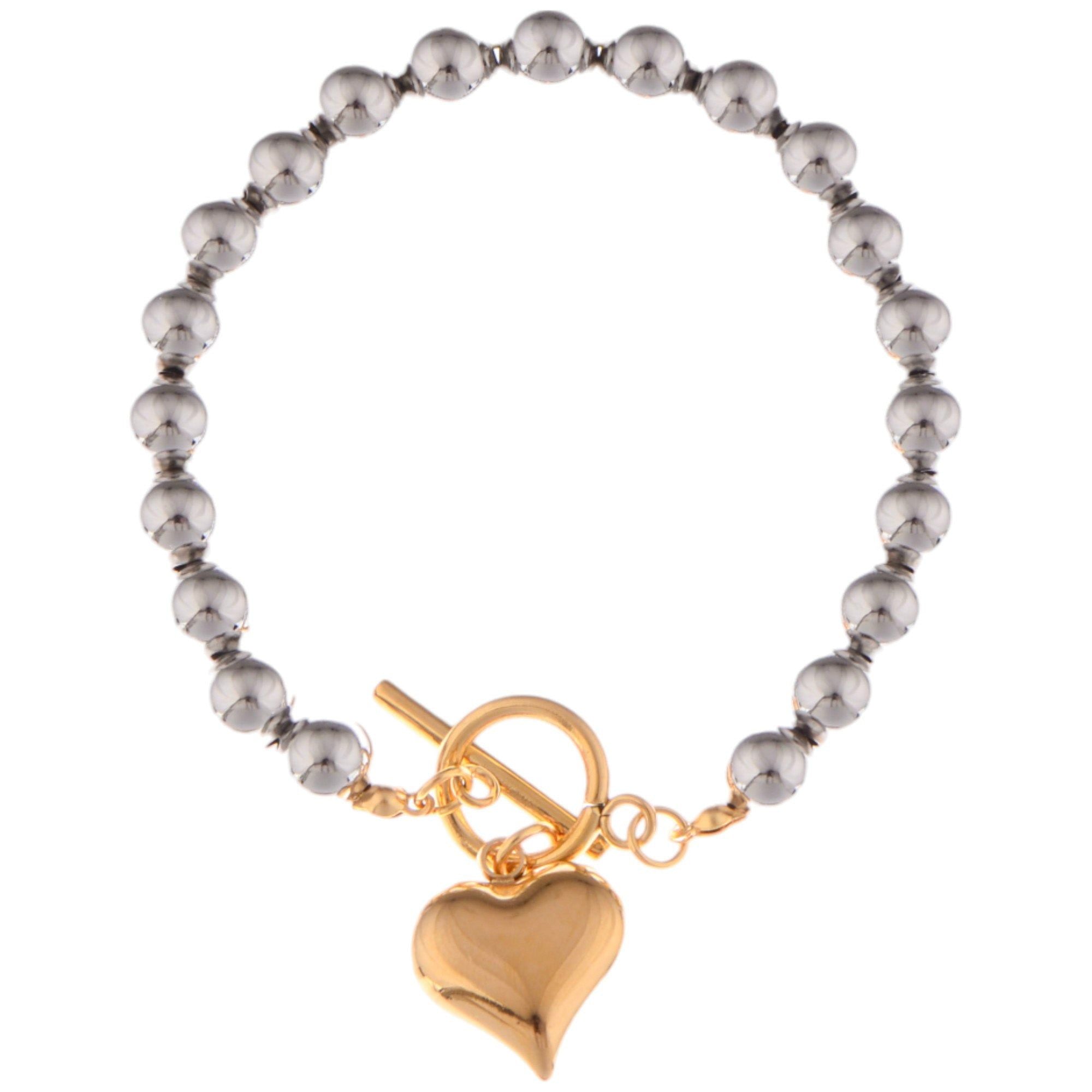 Silver Beaded Fashion Bracelet with Gold Heart Charm and Toggle Clasp