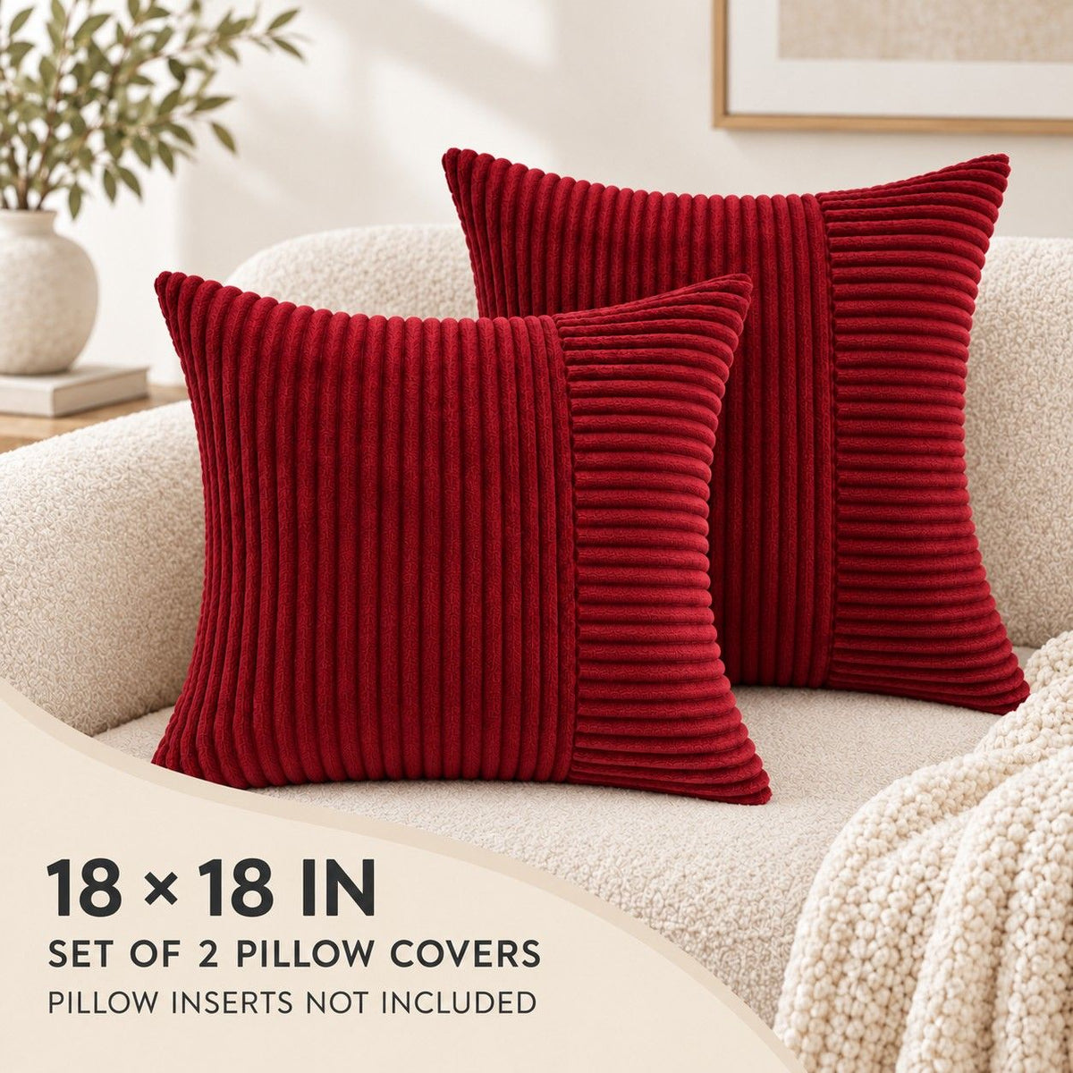 2 Pack Soft Corduroy Throw Pillow Covers 18 x 18 Inch and 12 x 20 Inch