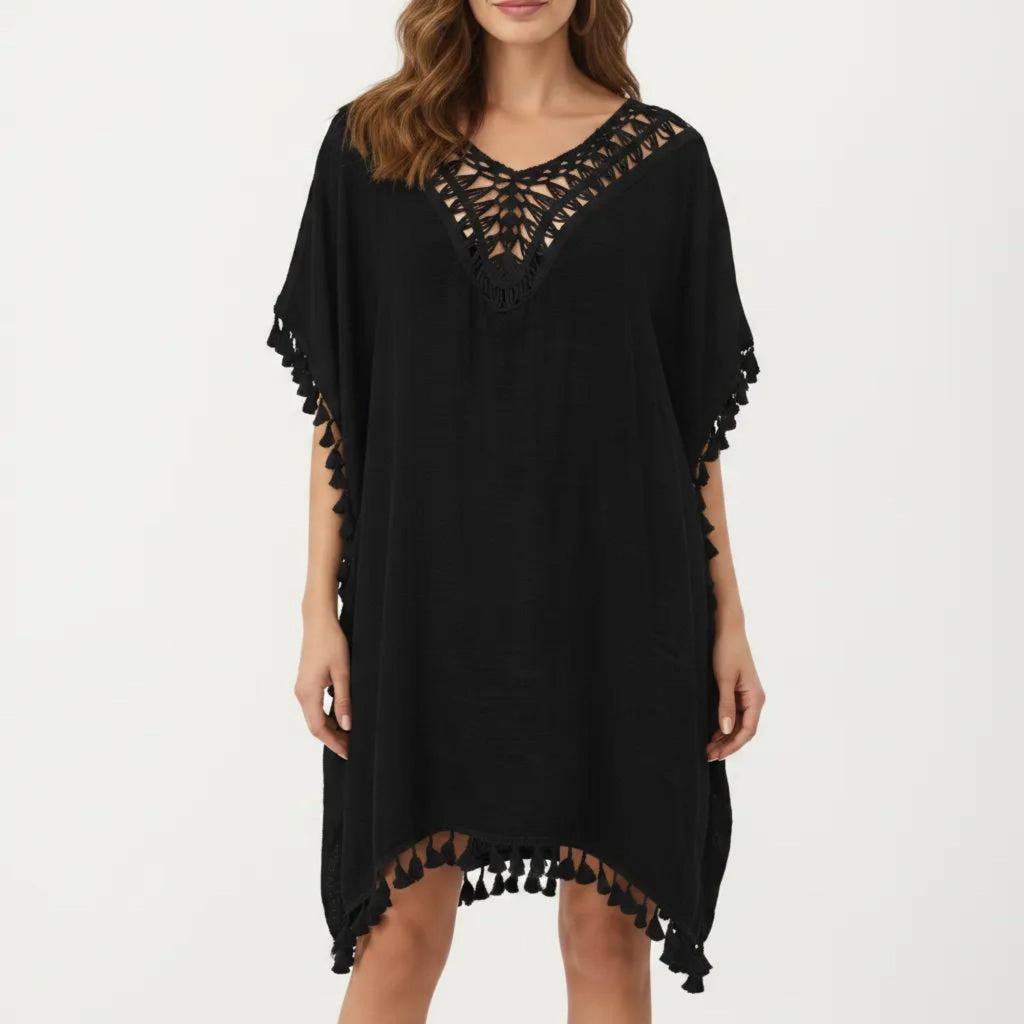 Anna-Kaci Women's Sheer Crochet V Neck Swim Cover Up Poncho with Tassel Trim and Flowy Silhouette