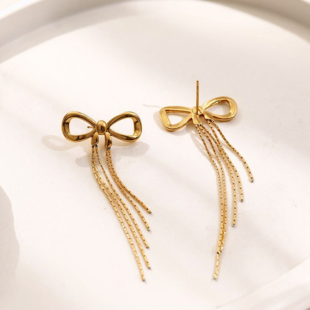 Bow Drop Earrings with Delicate Chain Tassel Dangle Design