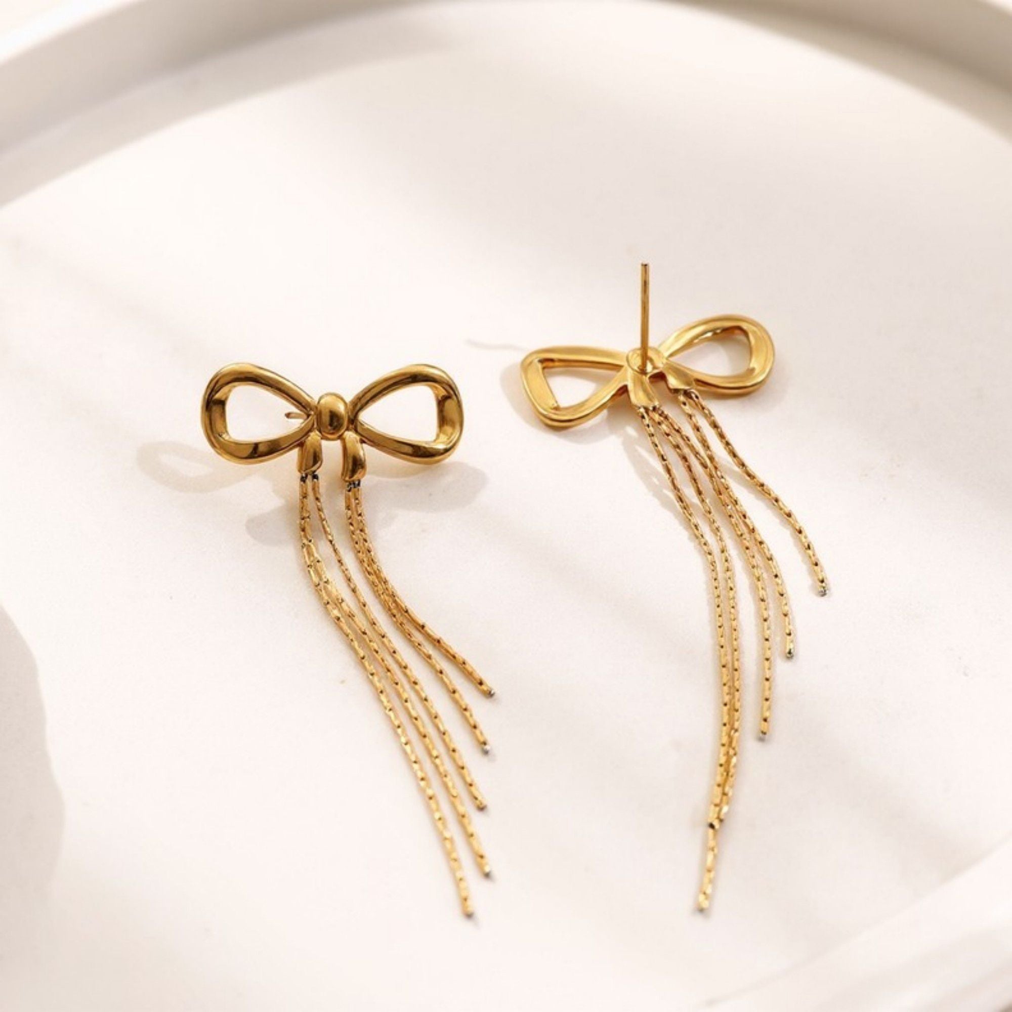 Bow Drop Earrings with Delicate Chain Tassel Dangle Design