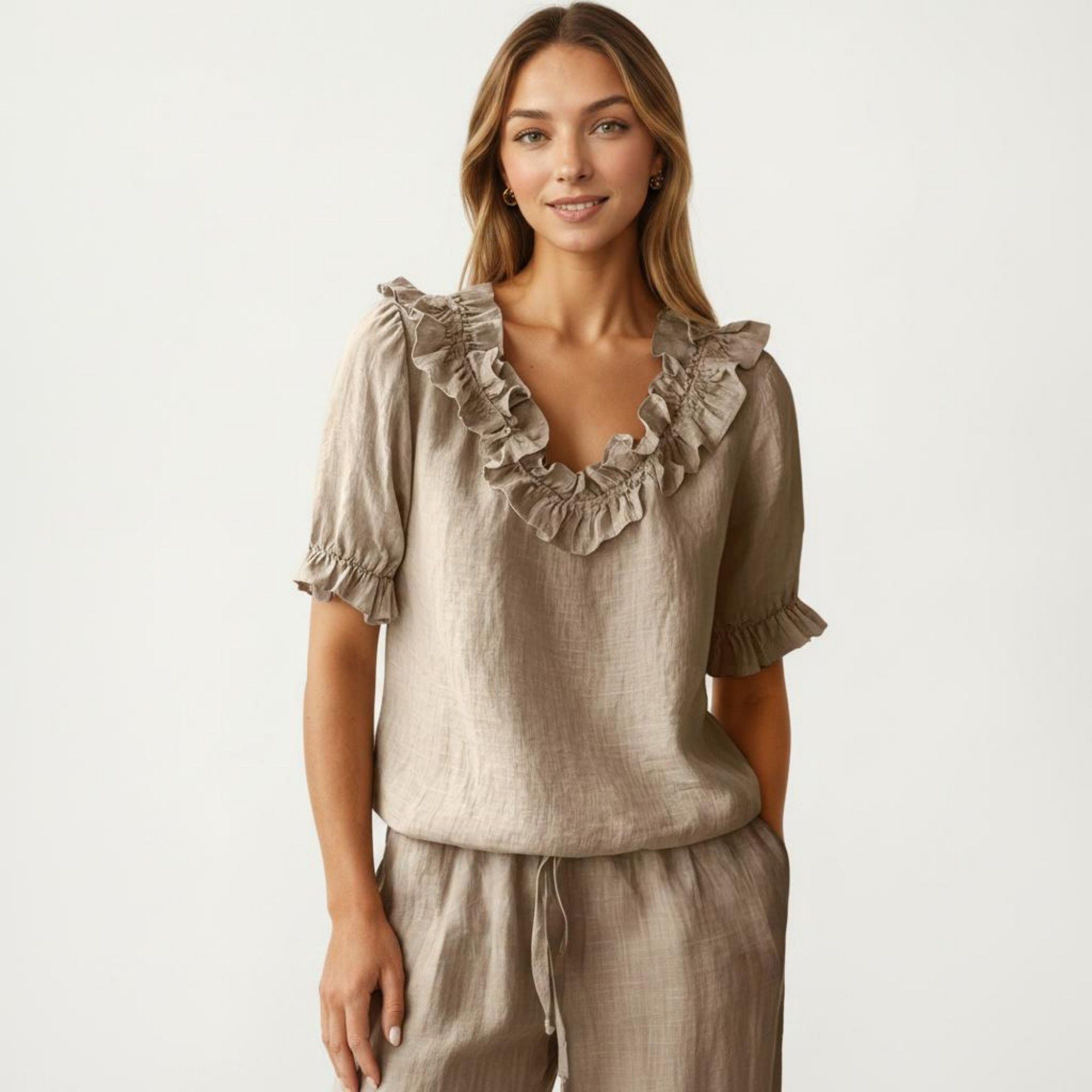 Anna-Kaci Women's Ruffle Neck Blouse with Short Puff Sleeves and Textured Linen-Like Fabric