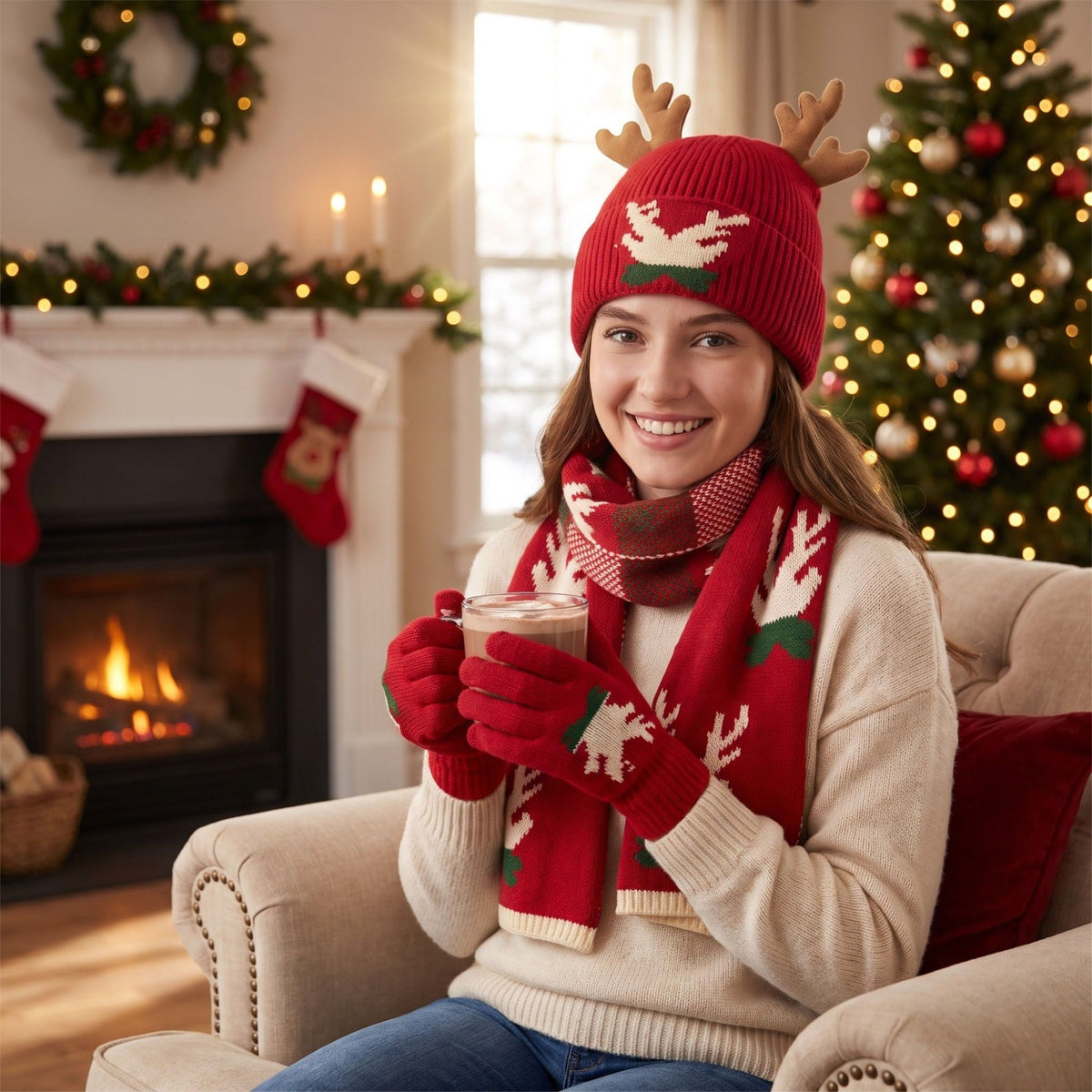 3 Piece Christmas Reindeer Antler Beanie Scarf and Gloves Set