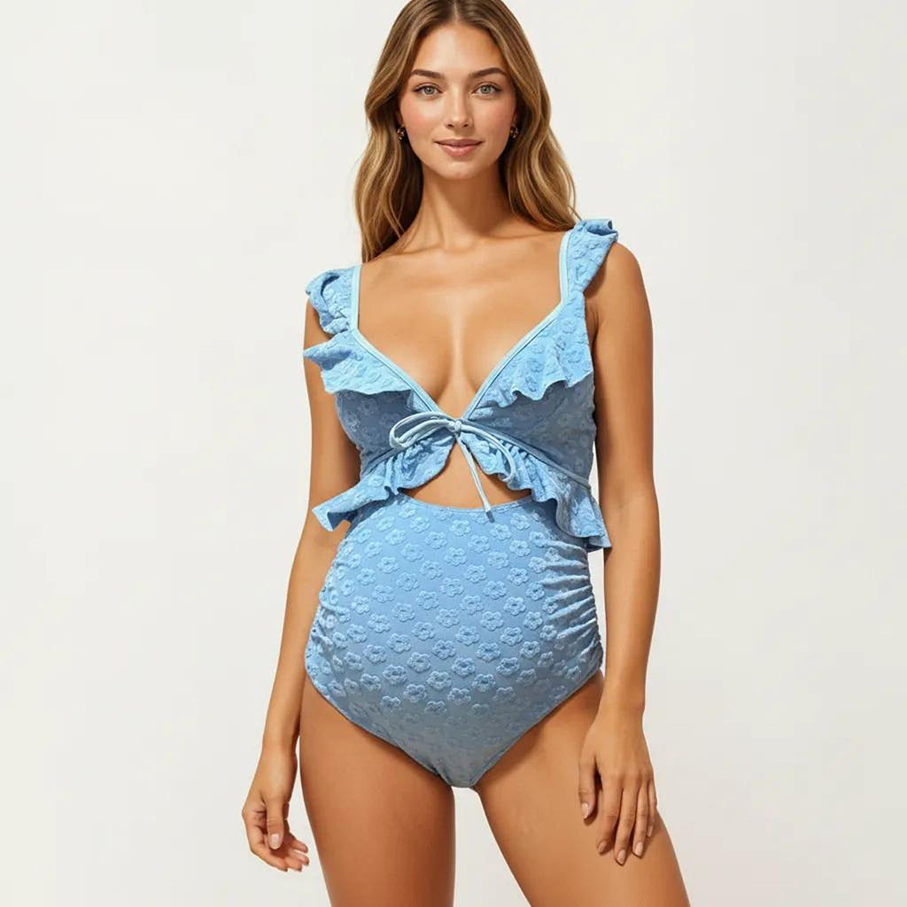 Anna-Kaci Swim Women's Maternity Ruffle One-Piece Swimsuit with Floral Detail and Front Tie