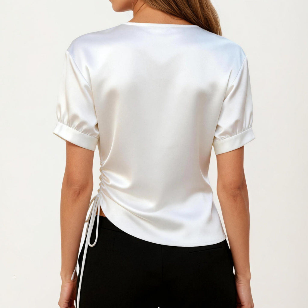 Anna-Kaci Women's Satin V Neck Blouse with Puff Sleeves and Side Ruched Drawstring