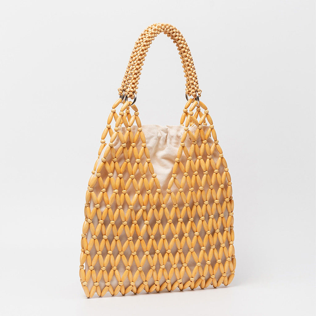 Beaded Tote Bag with Inner Pouch Soft Structured Wooden Bead Handbag Open Weave Shoulder Bag Lightweight Carryall