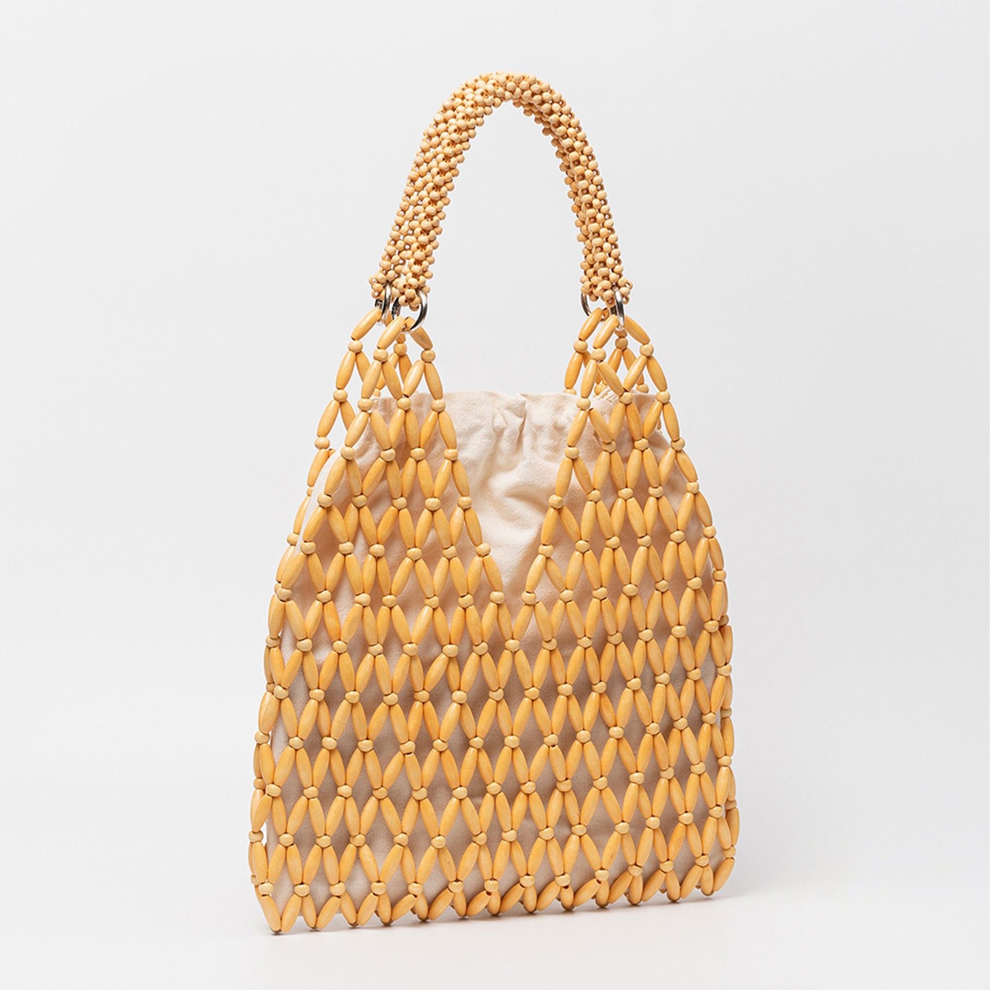 Beaded Tote Bag with Inner Pouch Soft Structured Wooden Bead Handbag Open Weave Shoulder Bag Lightweight Carryall