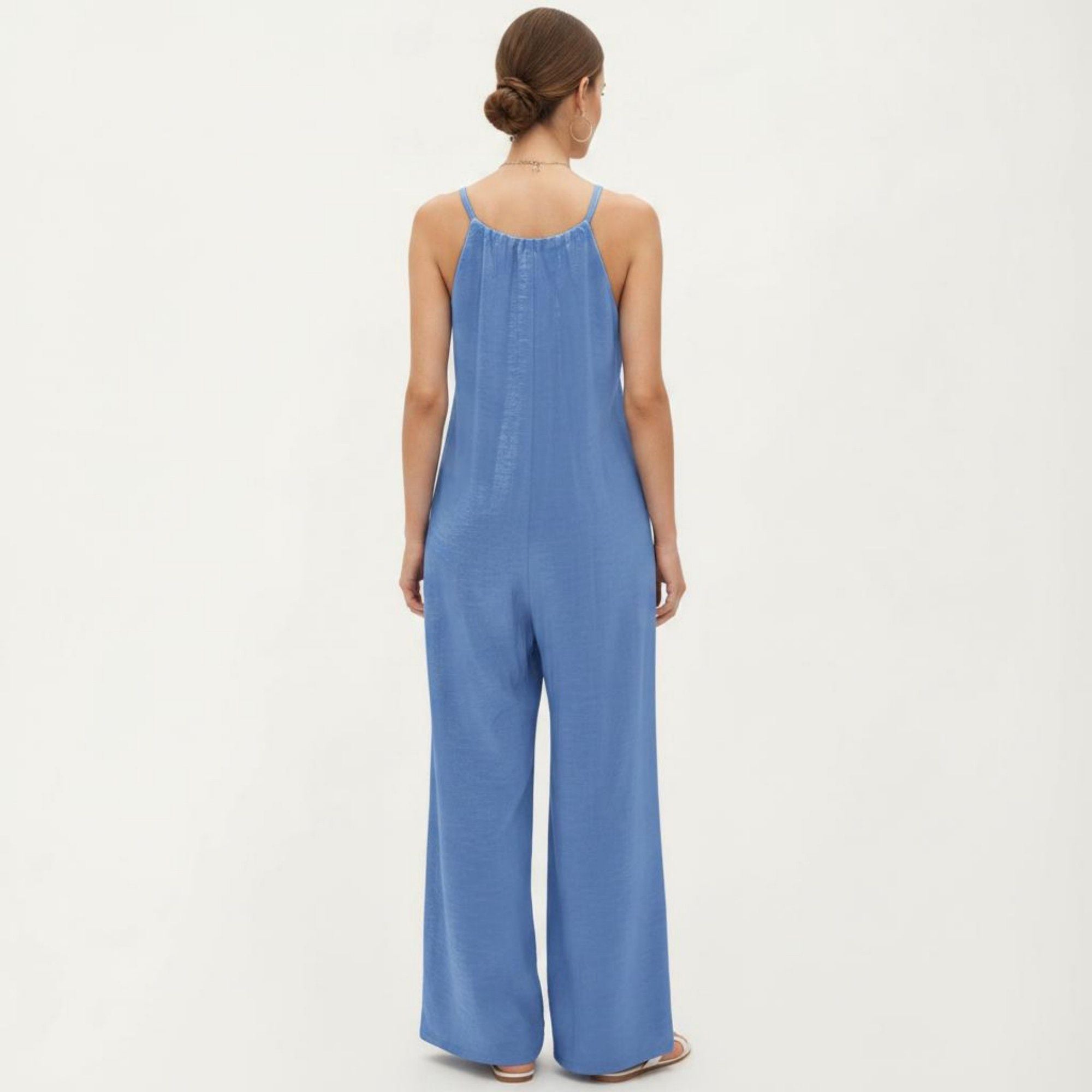 Anna-Kaci Women's Tie Strap Wide Leg Jumpsuit with Soft Satin Finish