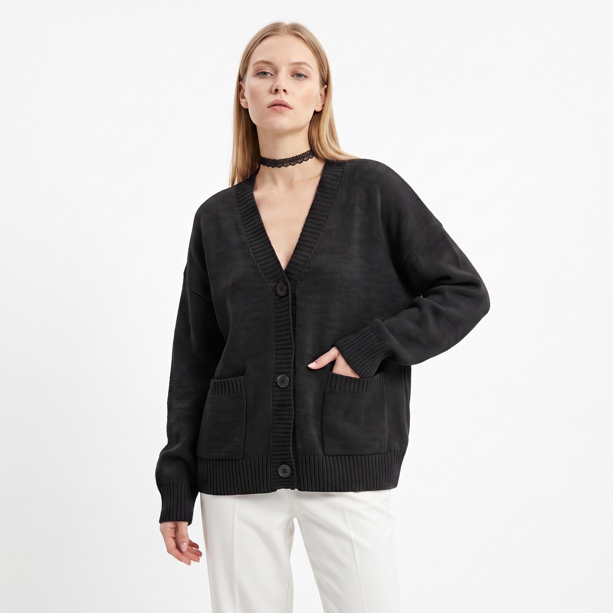 Oversized V Neck Button Front Cardigan with Pockets