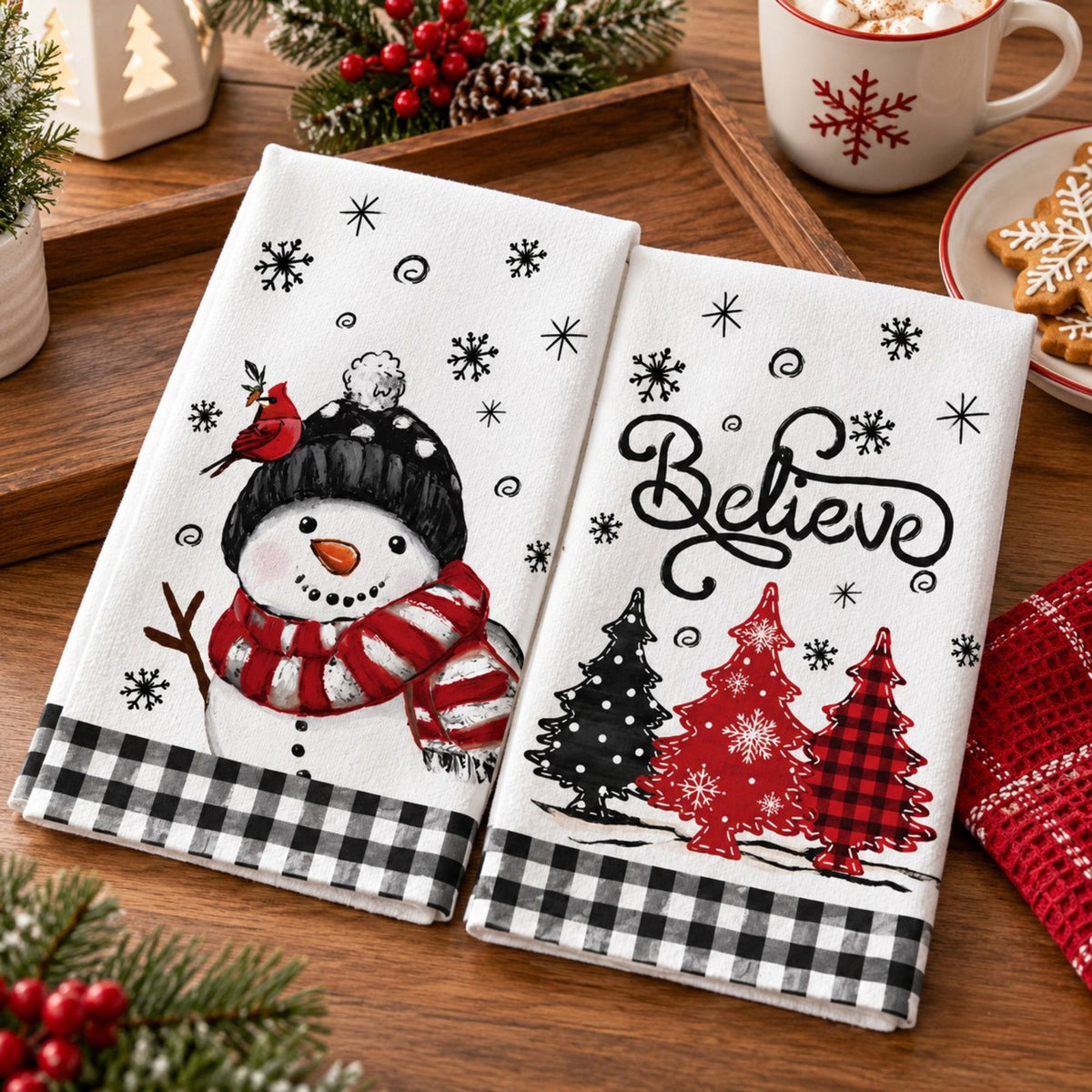 2-Pack Christmas Kitchen Towels 15.7x23.6in, Snowman & Tree Microfiber Holiday Towels