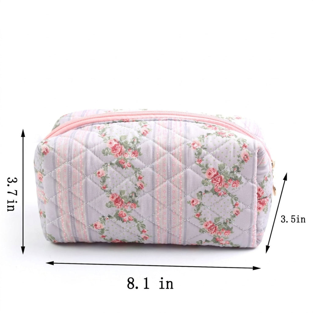 Floral Quilted Makeup Bag Travel Cosmetic Toiletry Pouch with Zipper Closure
