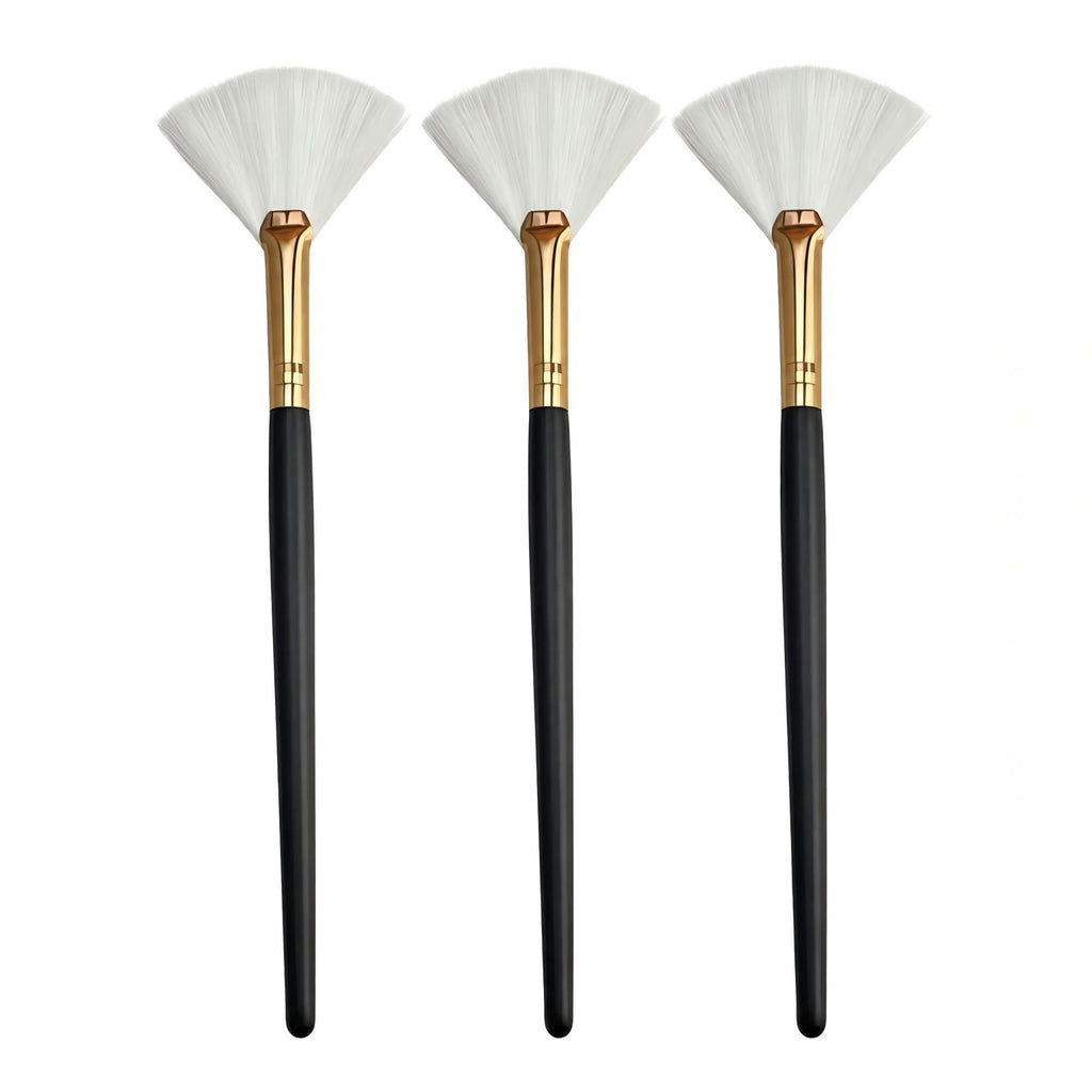 3-Piece Fan Makeup Brush Set with Soft Bristles Gold Tone Ferrules and Black Handles