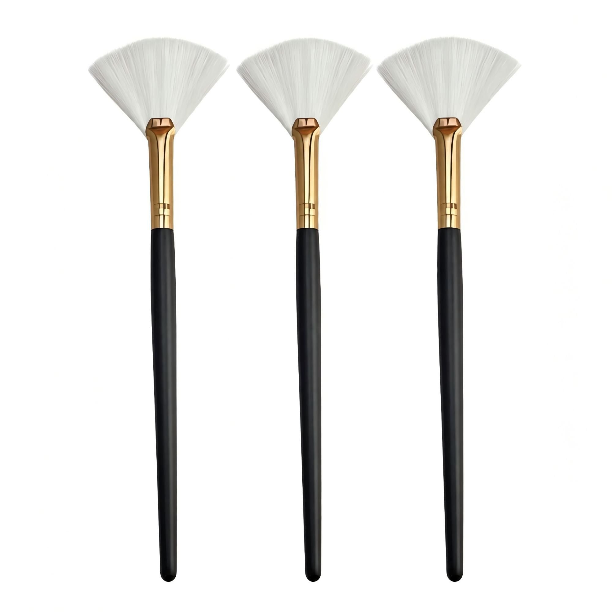 3-Piece Fan Makeup Brush Set with Soft Bristles Gold Tone Ferrules and Black Handles