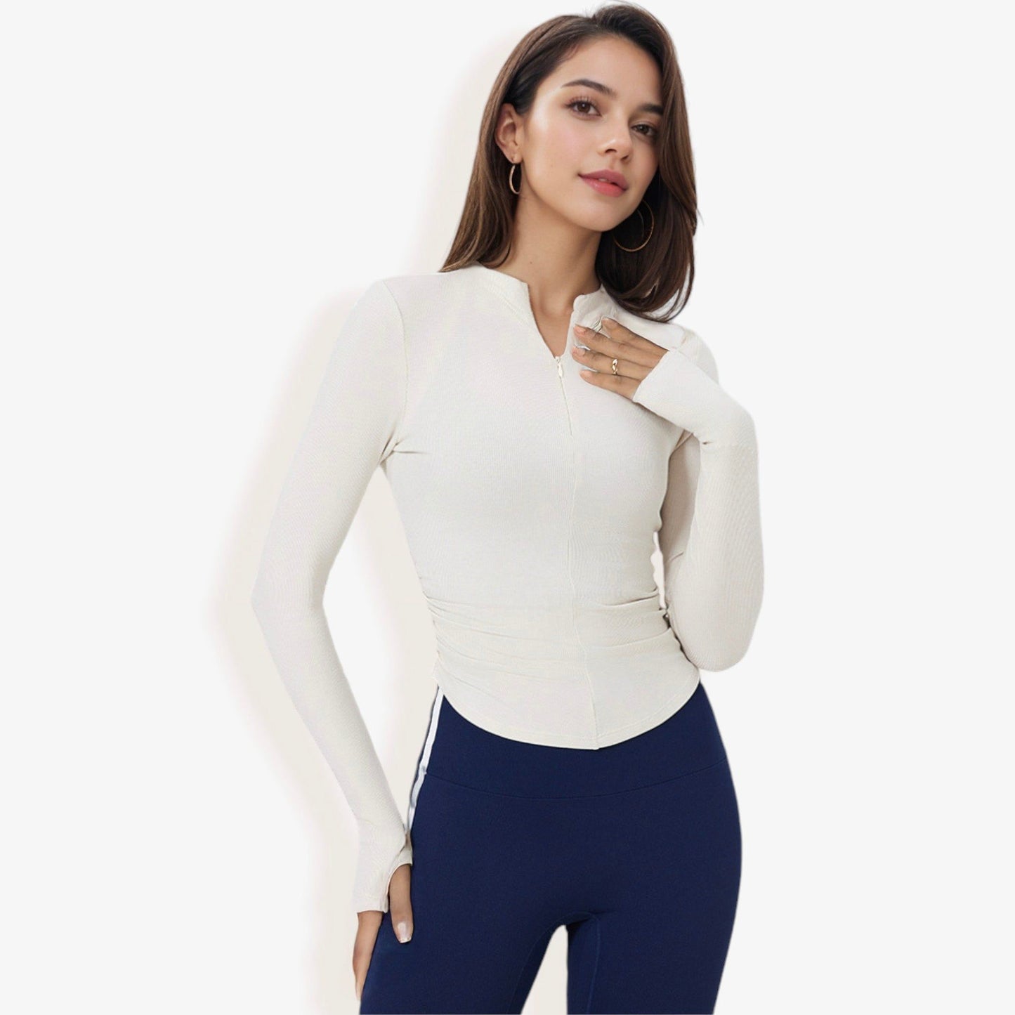 Long Sleeve Athletic Zip-Up Top with Thumb Holes