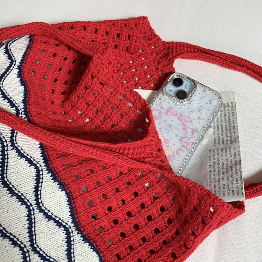 Crochet Knit Tote Bag with Openwork Design and Wave Pattern