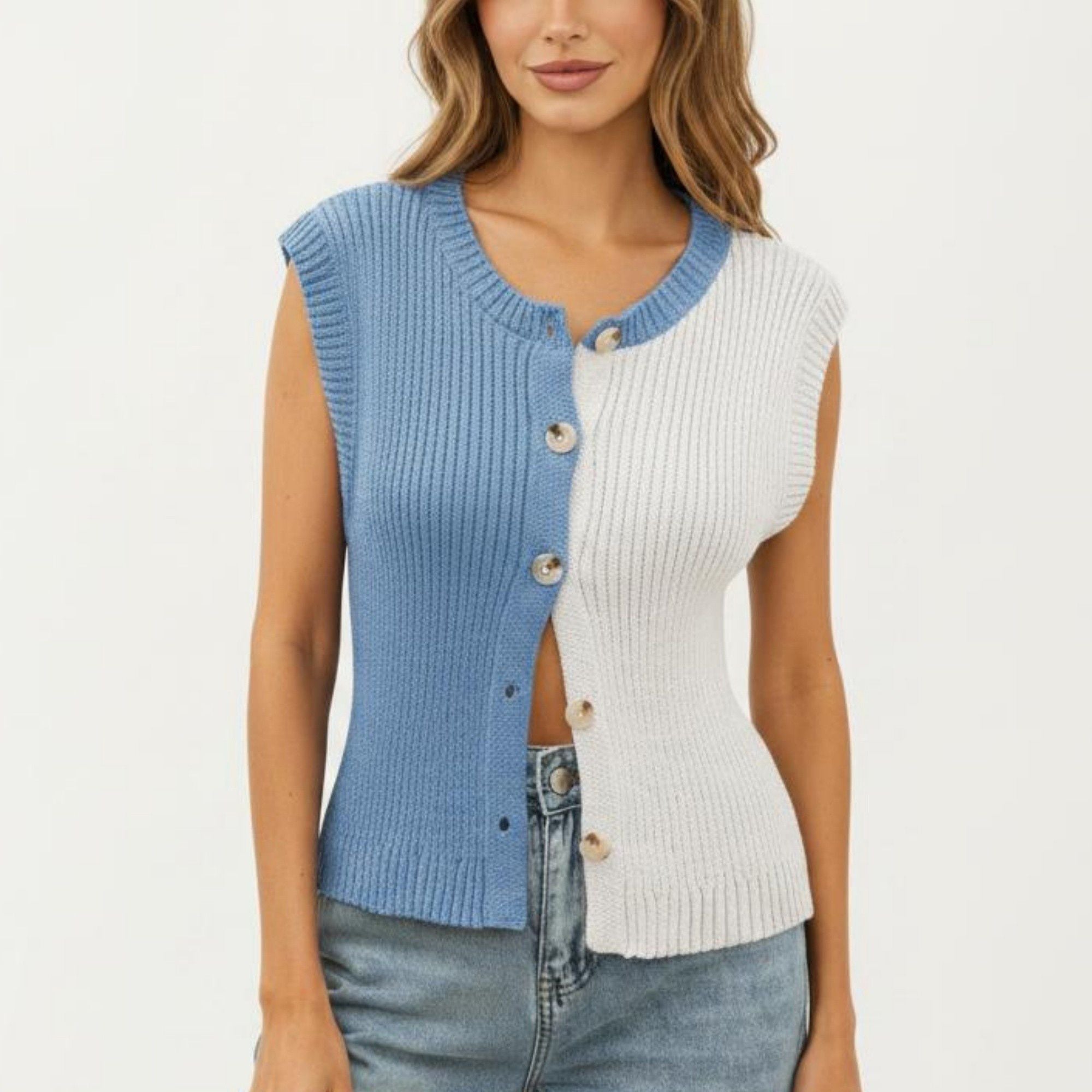 Anna-Kaci Women's Sleeveless Colorblock Knit Vest with Button Front and Ribbed Trim