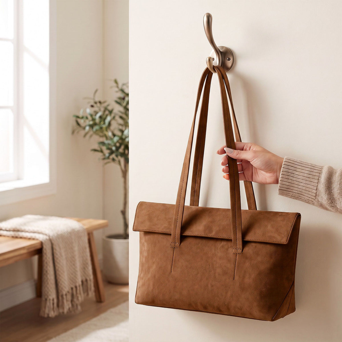 Large Shoulder Tote Bag with Foldover Flap and Interior Pockets