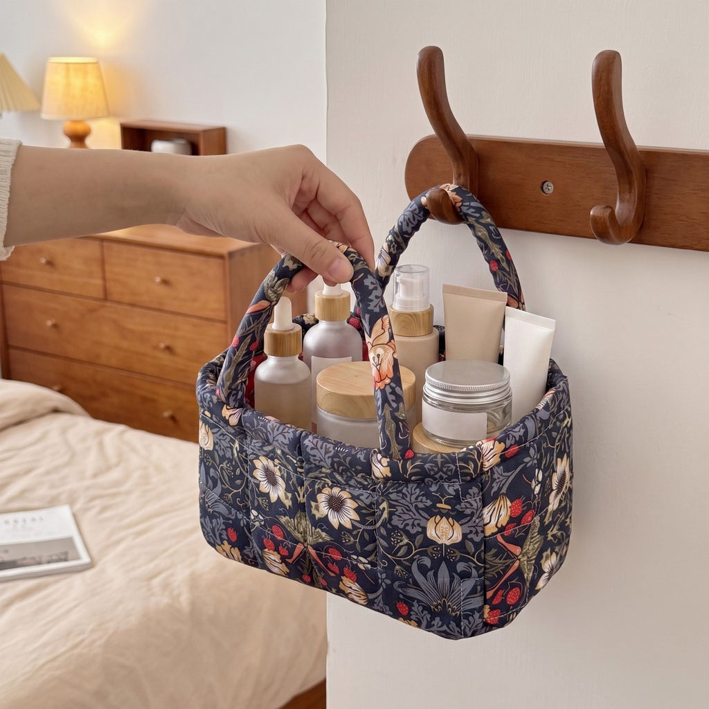 Floral Print Quilted Organizer Tote Bag with Multiple Pockets and Carry Handles