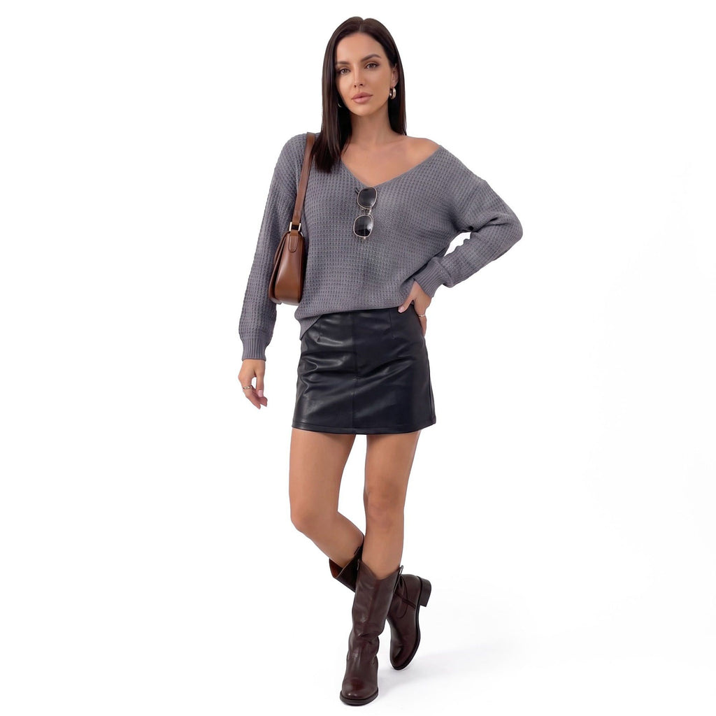 V-Neck Open-Back Tie Long Sleeve Knit Sweater