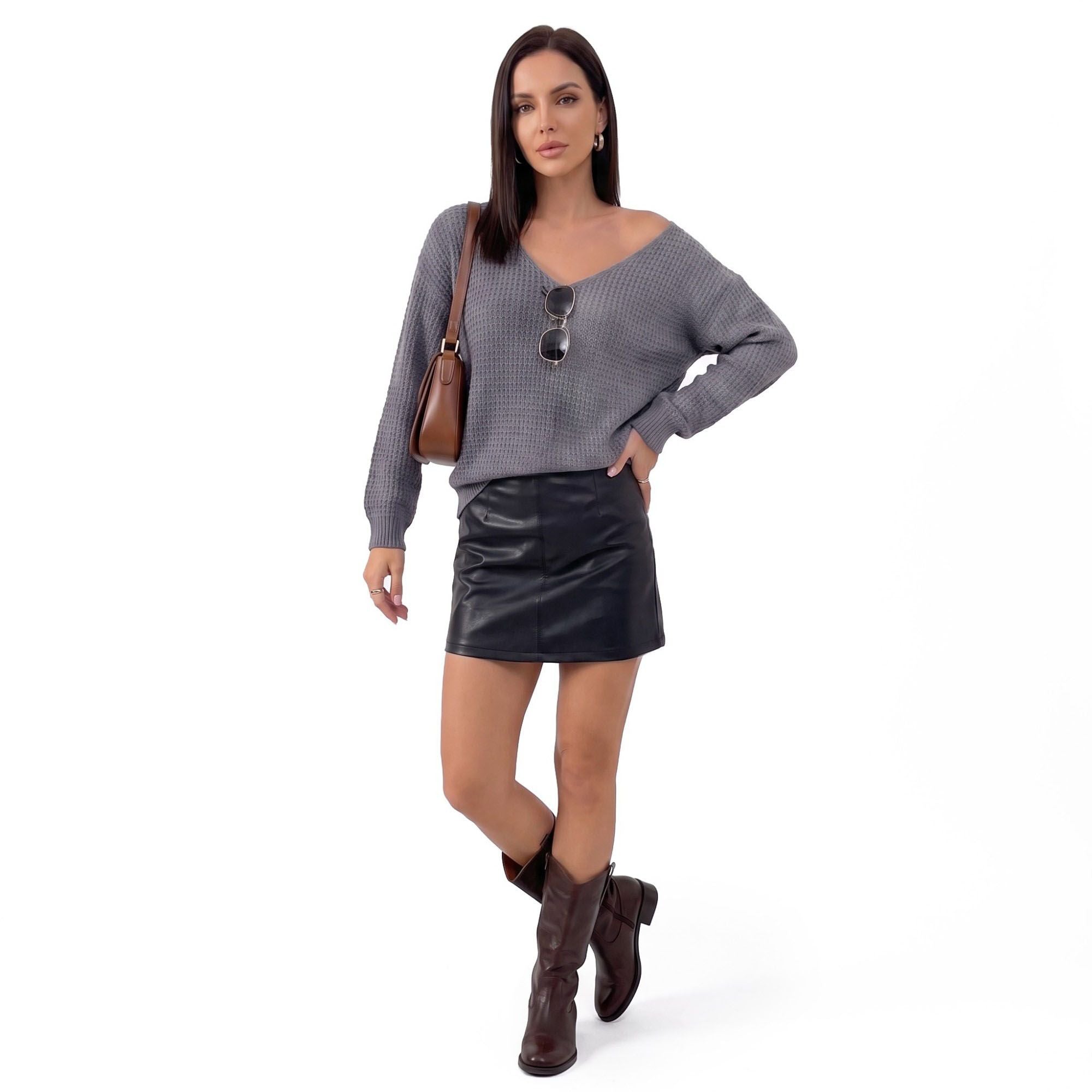 V-Neck Open-Back Tie Long Sleeve Knit Sweater