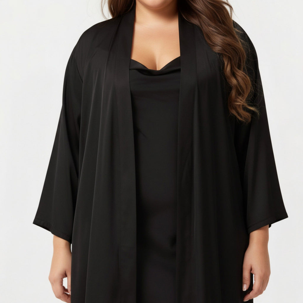 Anna-Kaci Lounge Women's Plus Size 2-Piece Satin Nightgown Set with Long Sleeve Open Front Robe Sleeveless Slip Dress Sleepwear