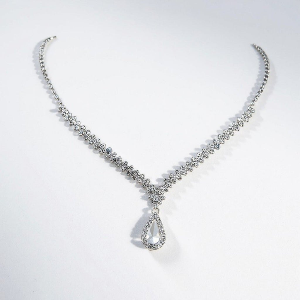 Women's Rhinestone Necklace with Teardrop Crystal Pendant and V-Shaped Chain Design