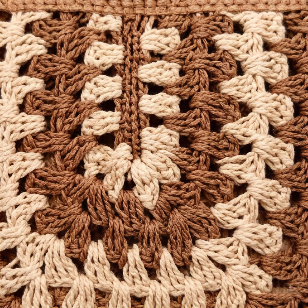 Woven Crochet Tote Bag with Openwork Panel Design Leather Shoulder Strap Lightweight Knit Handbag