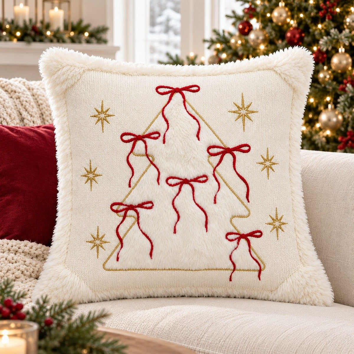 Christmas Embroidered Plush Throw Pillow Cover 18 x 18 Inch 1 Pack