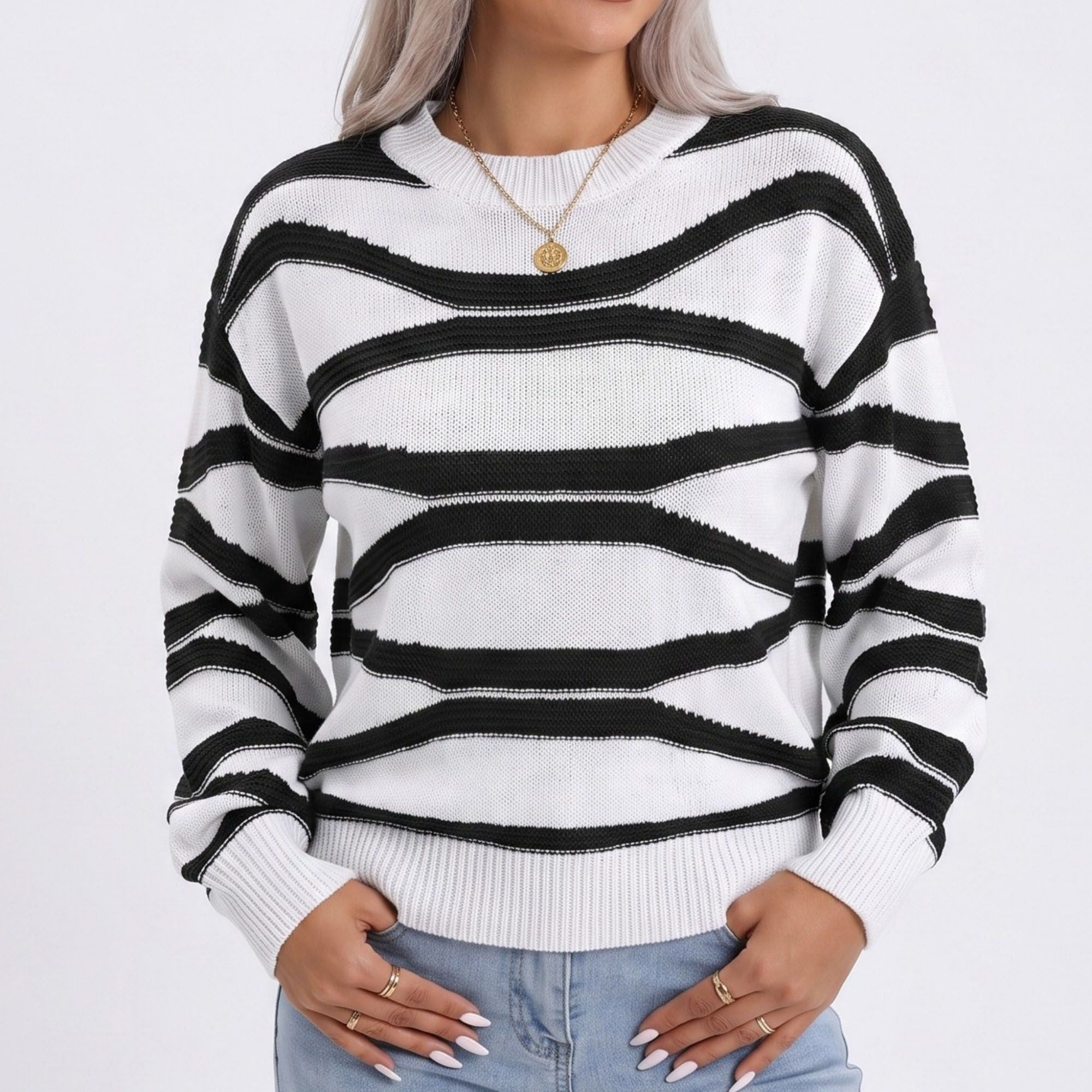 Wavy Stripe Crew Neck Long Sleeve Knit Sweater