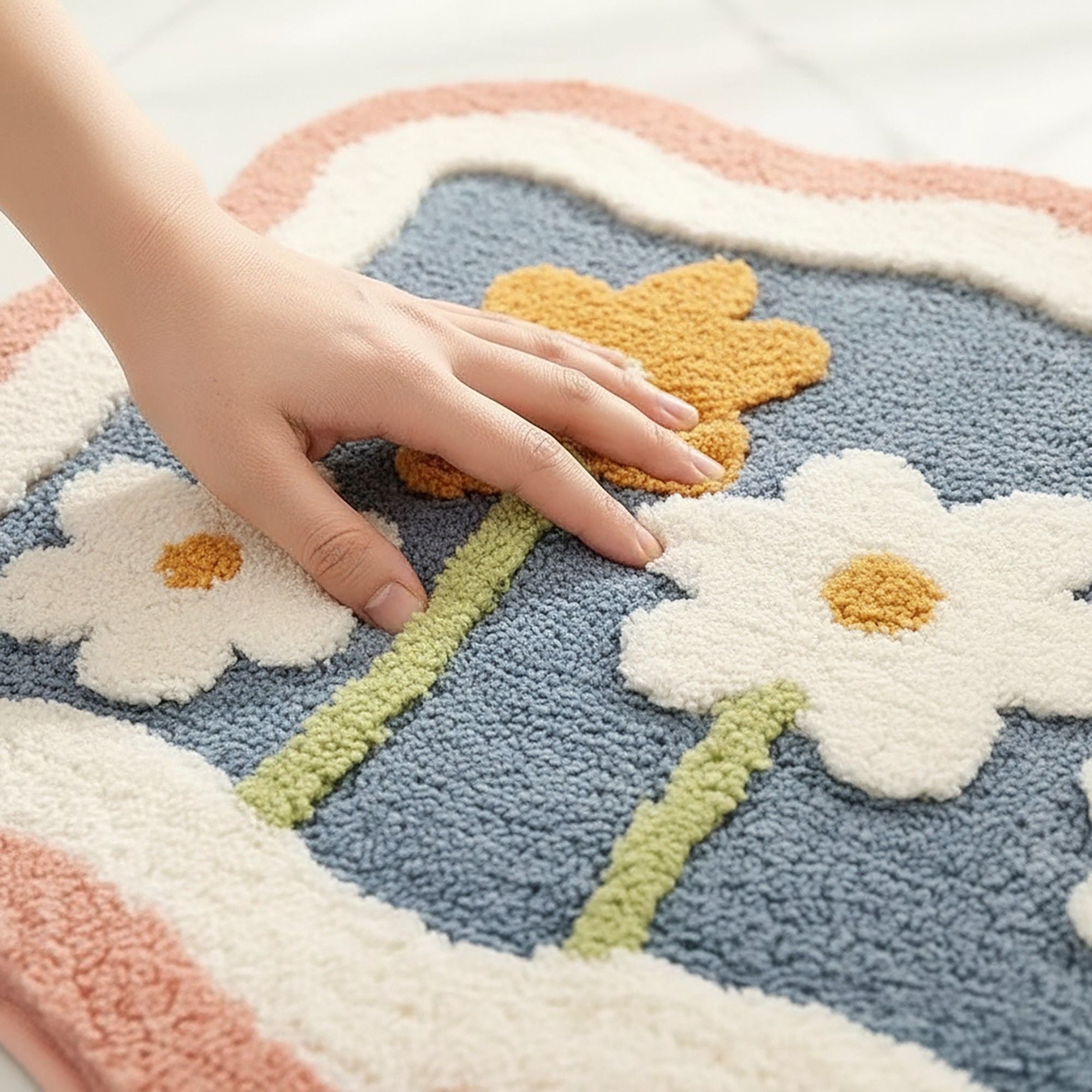 Tufted Floor Mat with Floral Daisy Pattern Non Slip Backing Soft Plush Decorative Scalloped Edge Rug