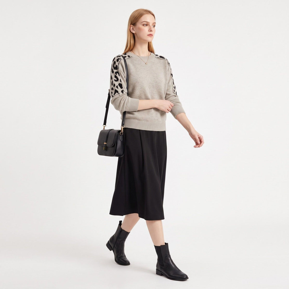 Leopard Shoulder Panel Crewneck Long Sleeve Knit Sweater