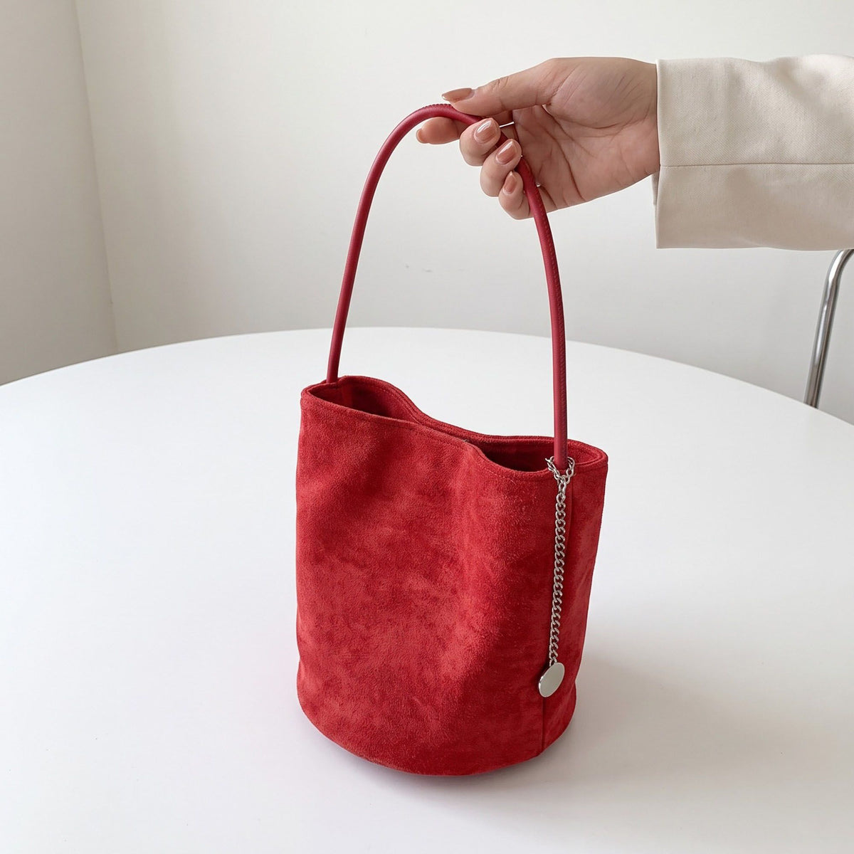 Faux Suede Bucket Shoulder Bag with Chain Accent
