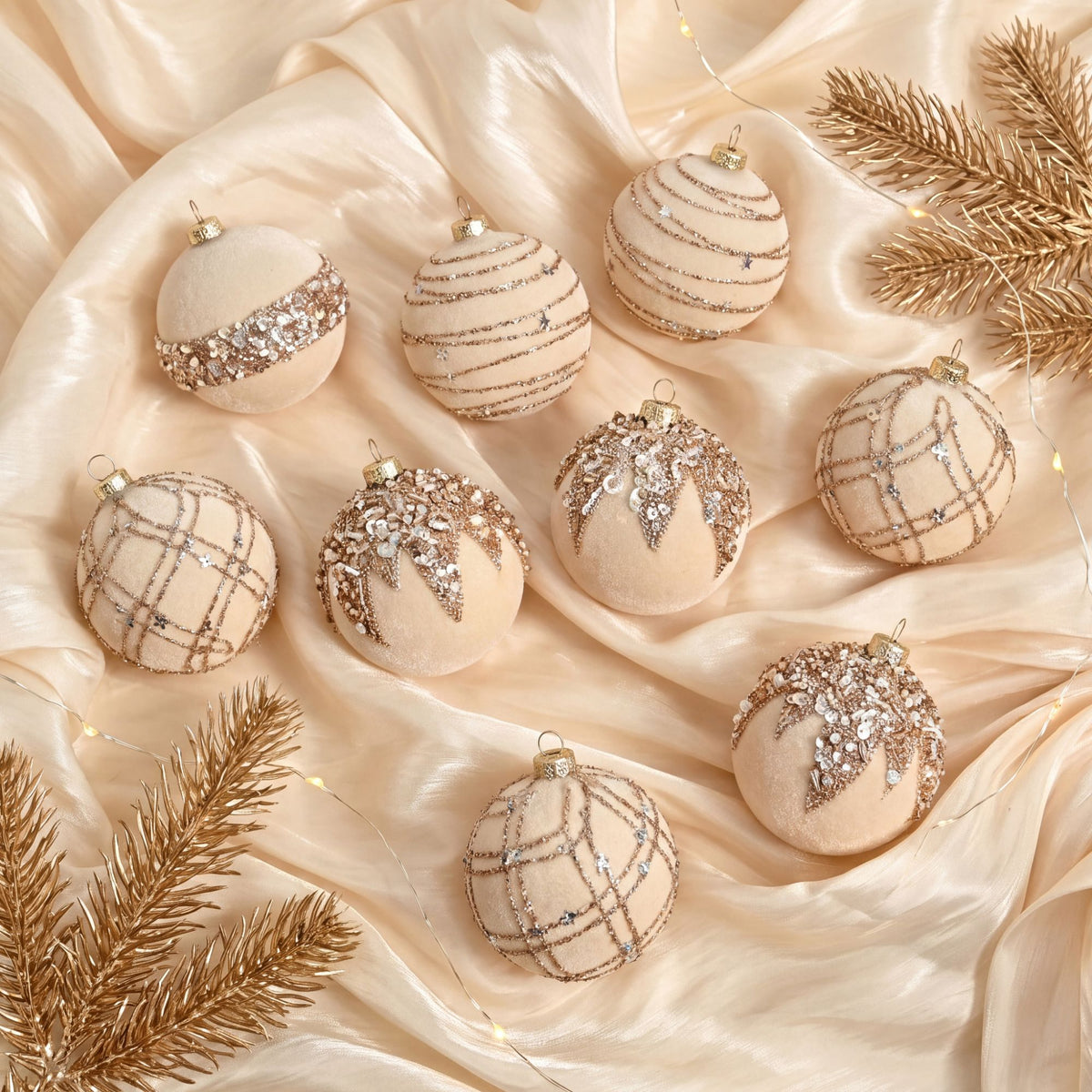 12ct Flocked Christmas Ball Ornament Set with Glitter Beaded Holiday Tree Decorations