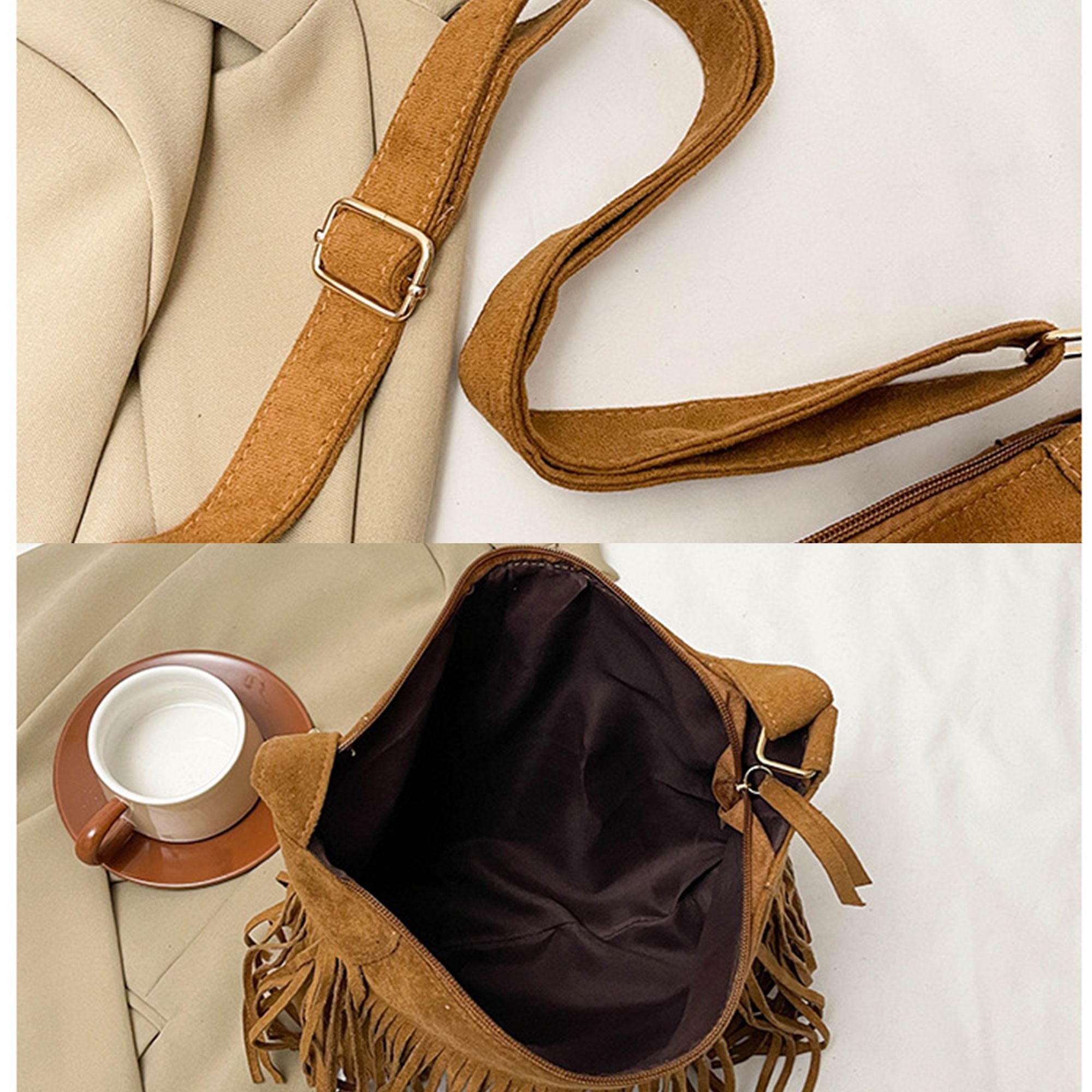 Women's Suede Look Fringe Crossbody Shoulder Bag with Adjustable Strap