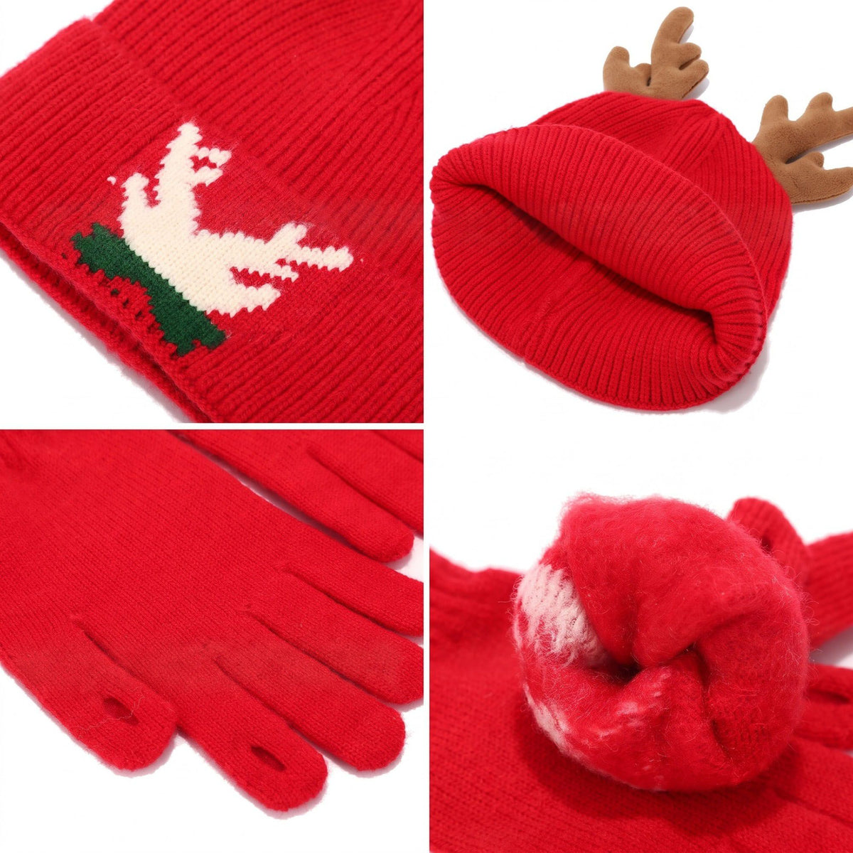 3 Piece Christmas Reindeer Antler Beanie Scarf and Gloves Set