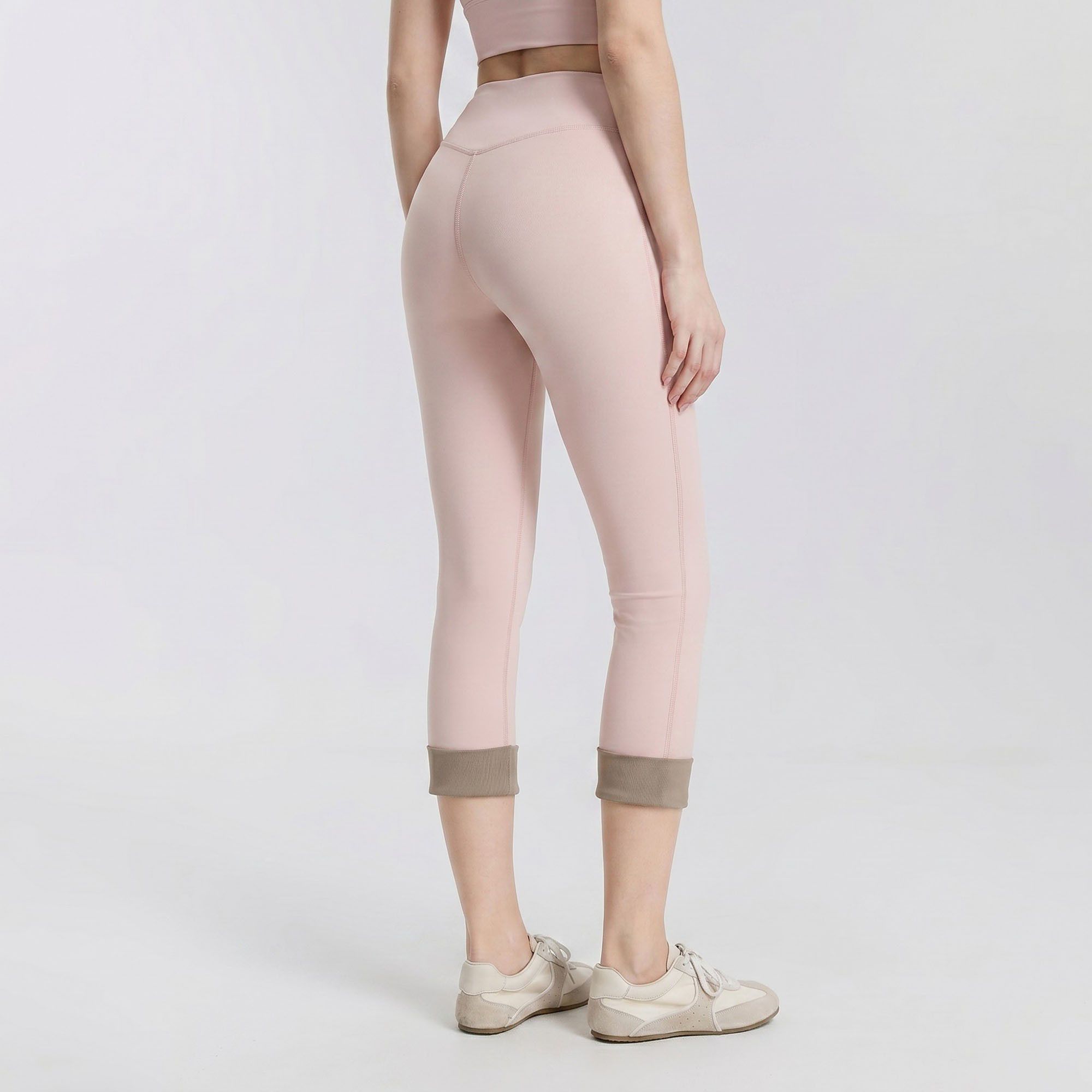 High Waist Capri Leggings with Folded Cuff Hem Wide Waistband Smooth Stretch Yoga Pants