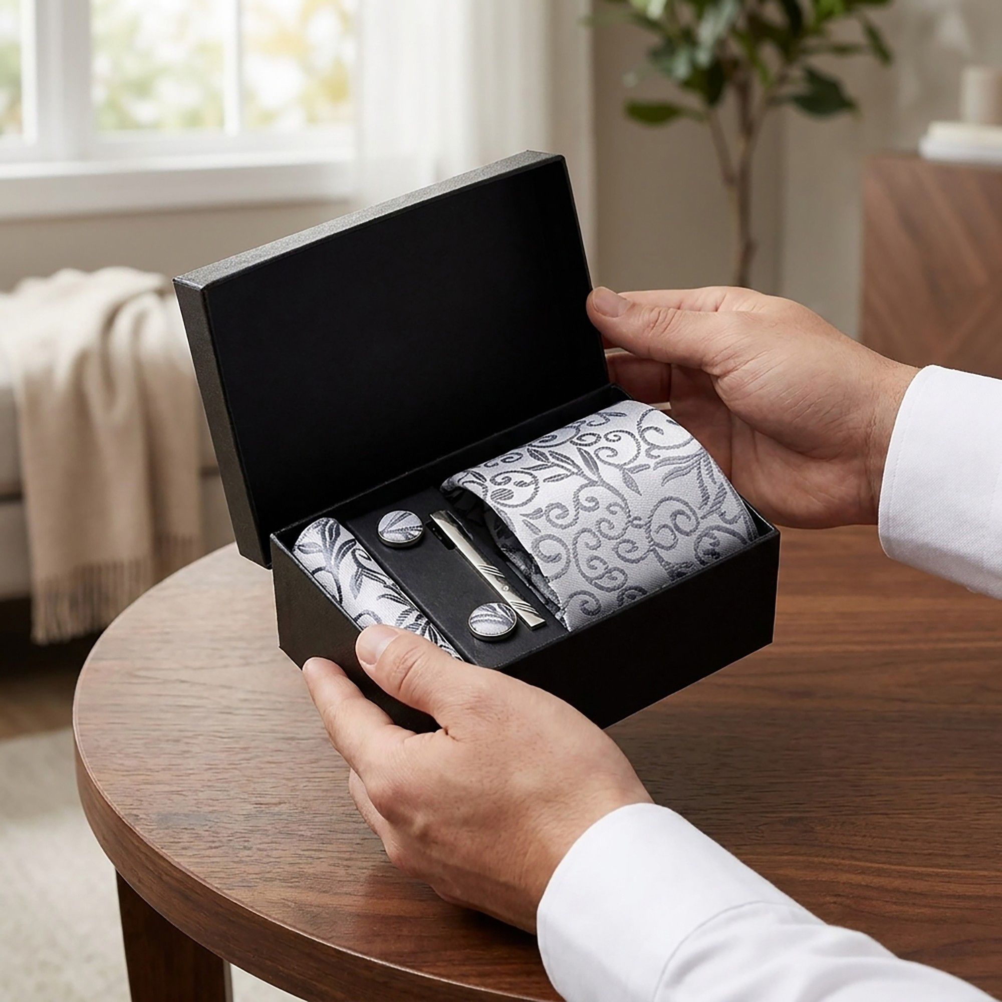 Men's Baroque Floral Tie Gift Set with Matching Pocket Square Cufflinks and Silver Tie Clip