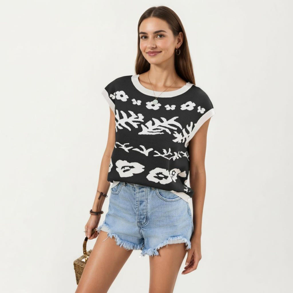 Anna-Kaci Women's Sleeveless Floral Knit Vest Top with Crew Neck and Contrast Trim