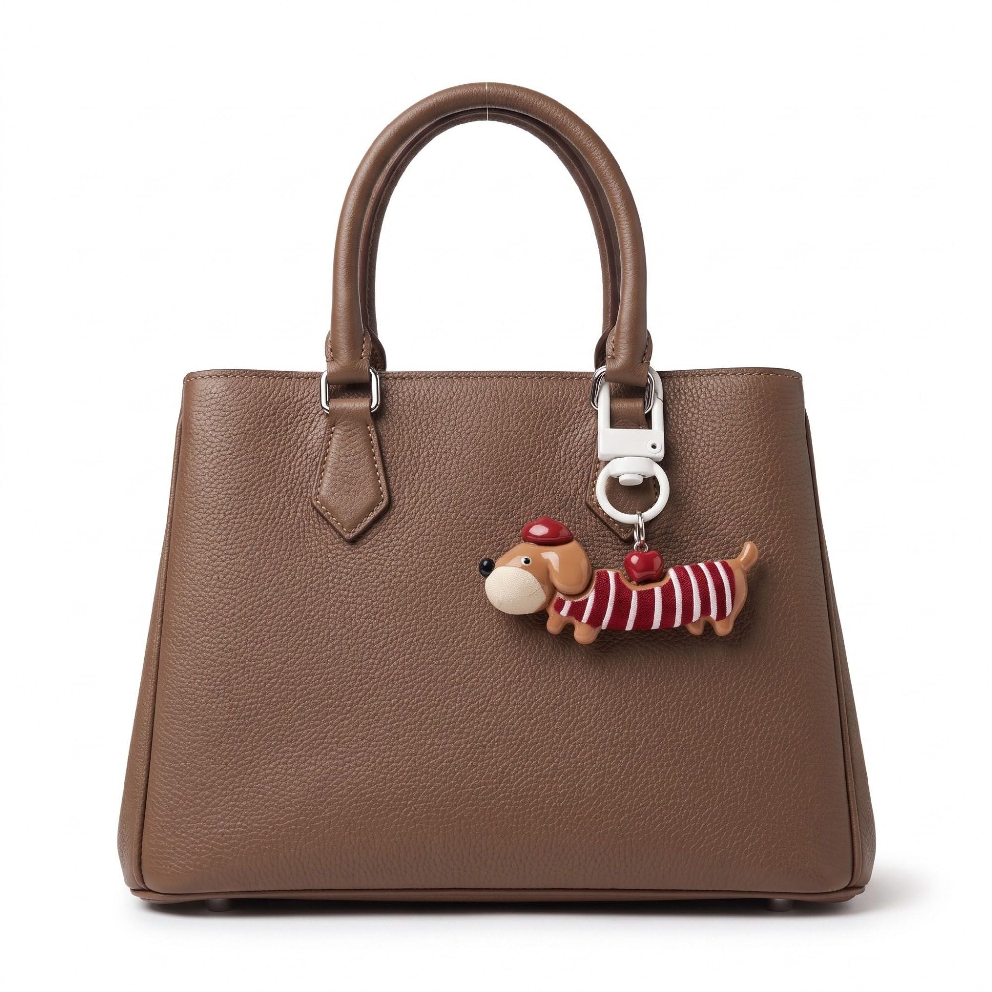 2-Piece Dachshund Dog Keychain Bag Charm Striped Sweater Apple Accent Clip Key Ring