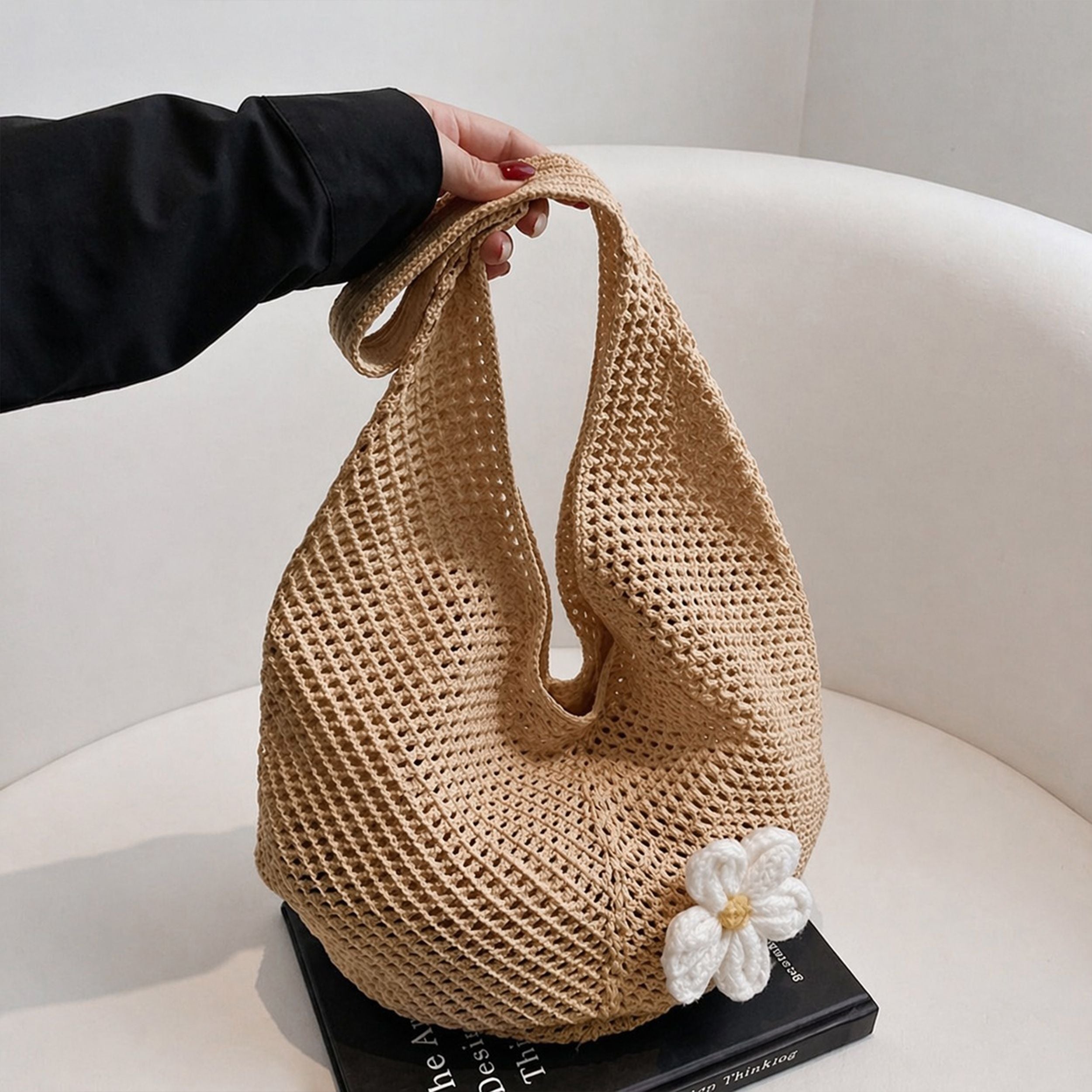 Woven Crochet Hobo Shoulder Bag Lightweight Knit Slouchy Tote with Flower Detail