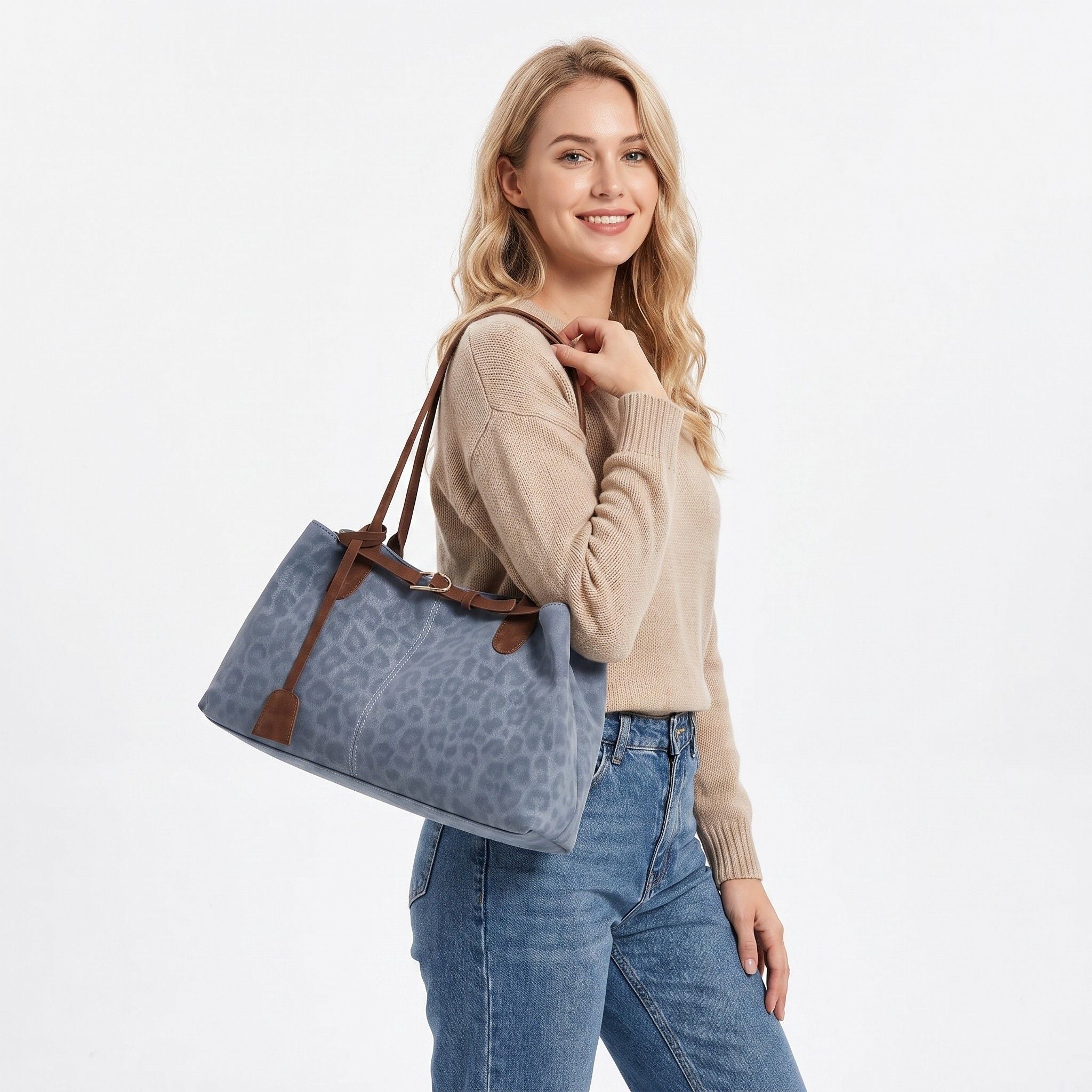 Leopard Print Shoulder Tote Bag with Magnetic Closure Buckle Detail and Tassel