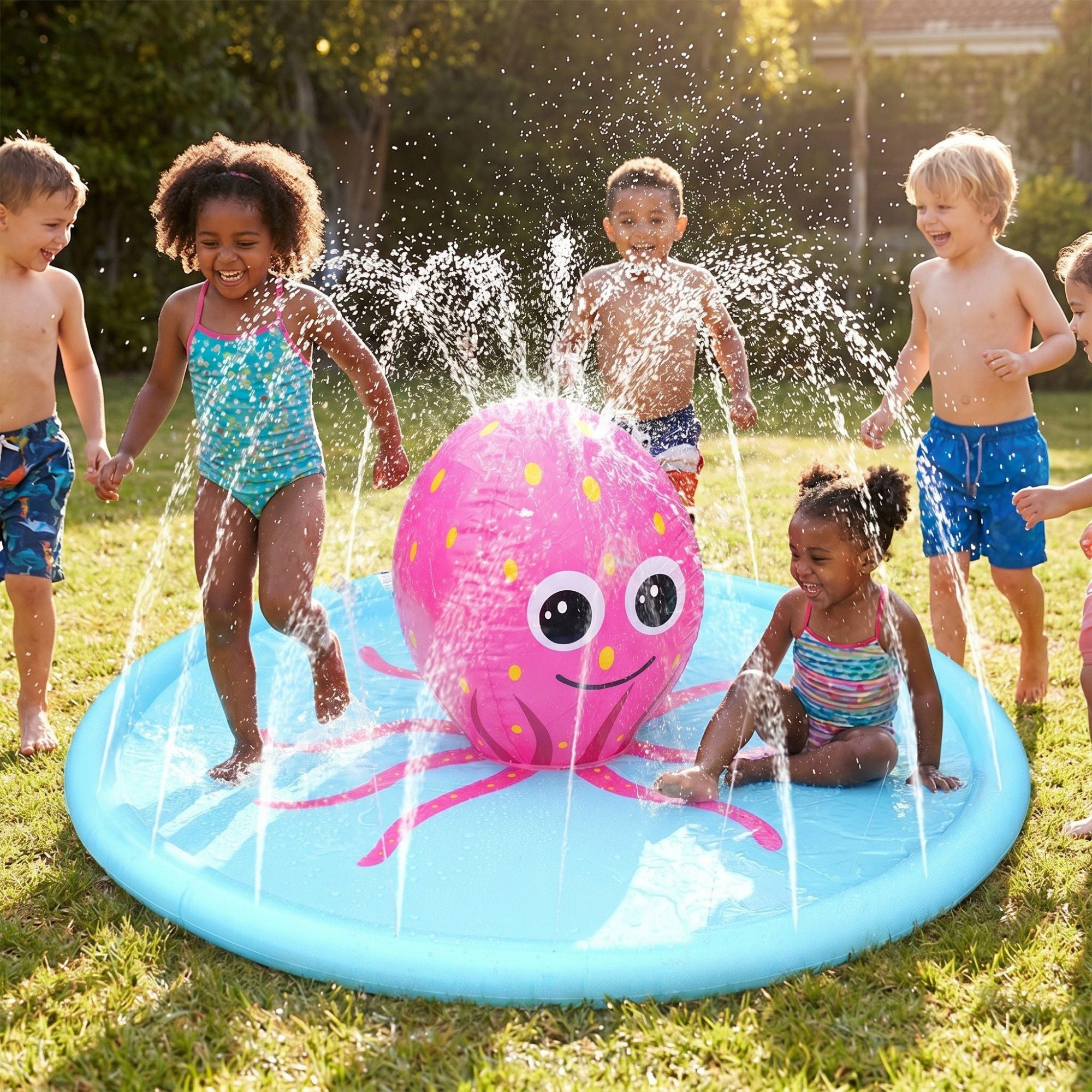 Kids Octopus Splash Pad Sprinkler Mat with Inflatable Center