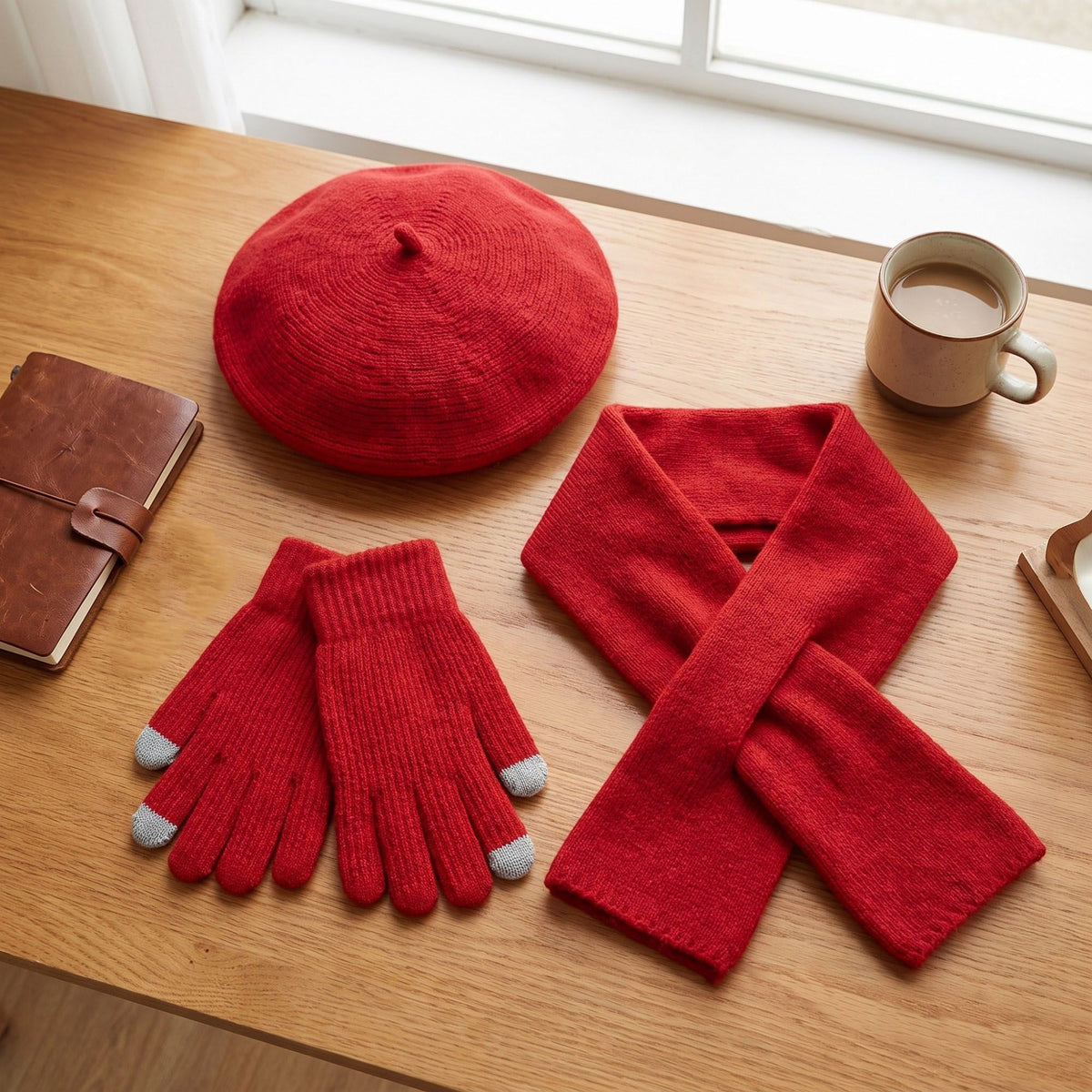 3 Piece Beret Scarf and Touchscreen Gloves Winter Set