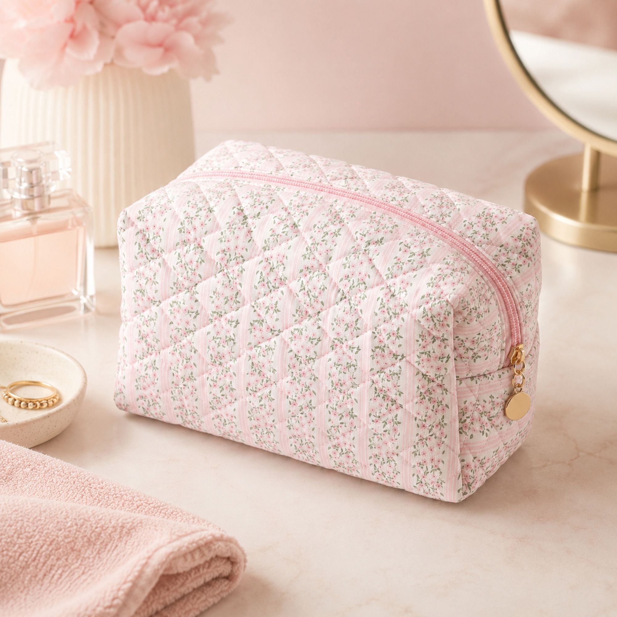 Floral Quilted Makeup Bag Travel Cosmetic Toiletry Pouch with Zipper Closure